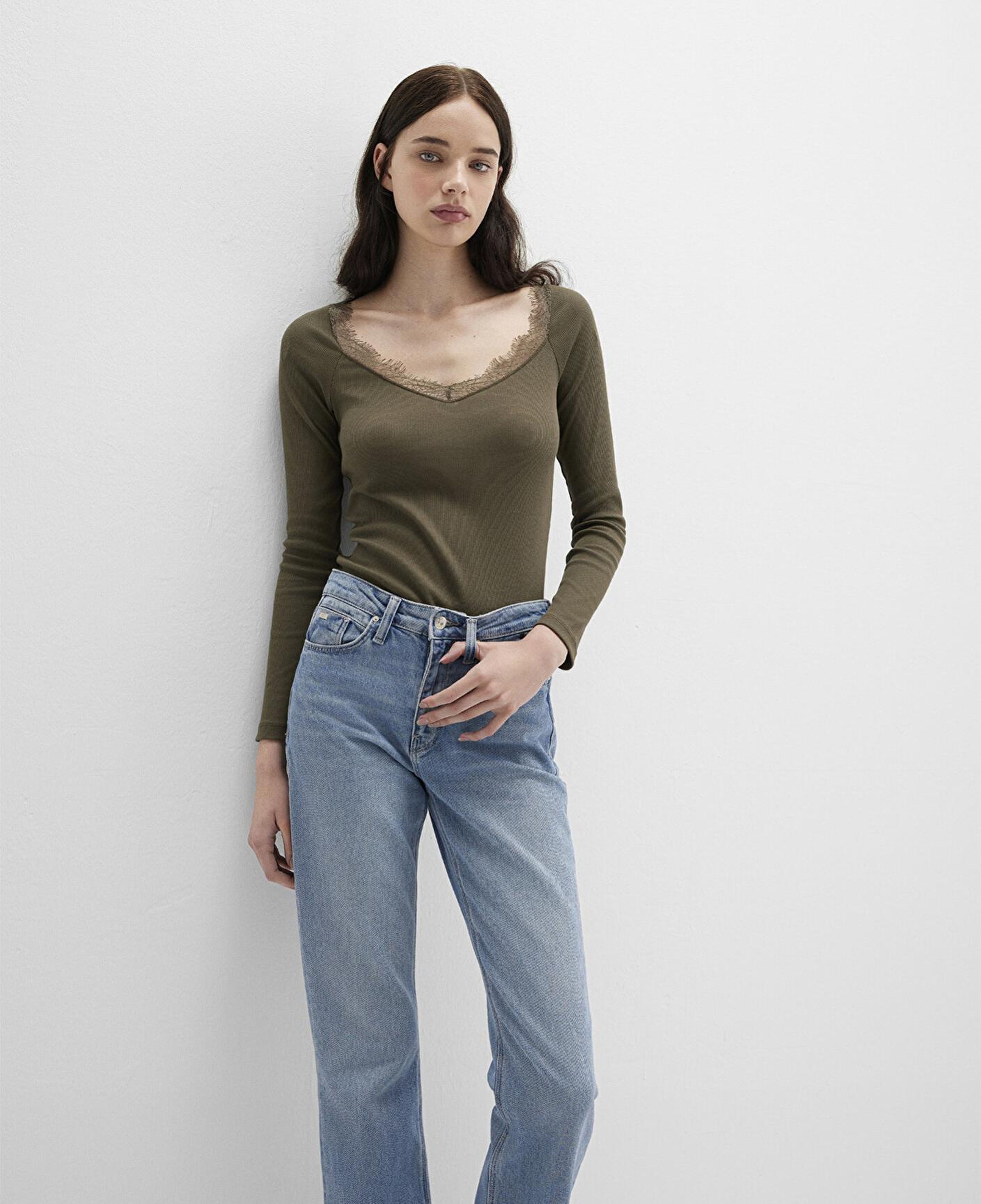 Mavi Uzun Kollu Haki Tişört Fitted / Vücuda Oturan Kesim 1613851-87538