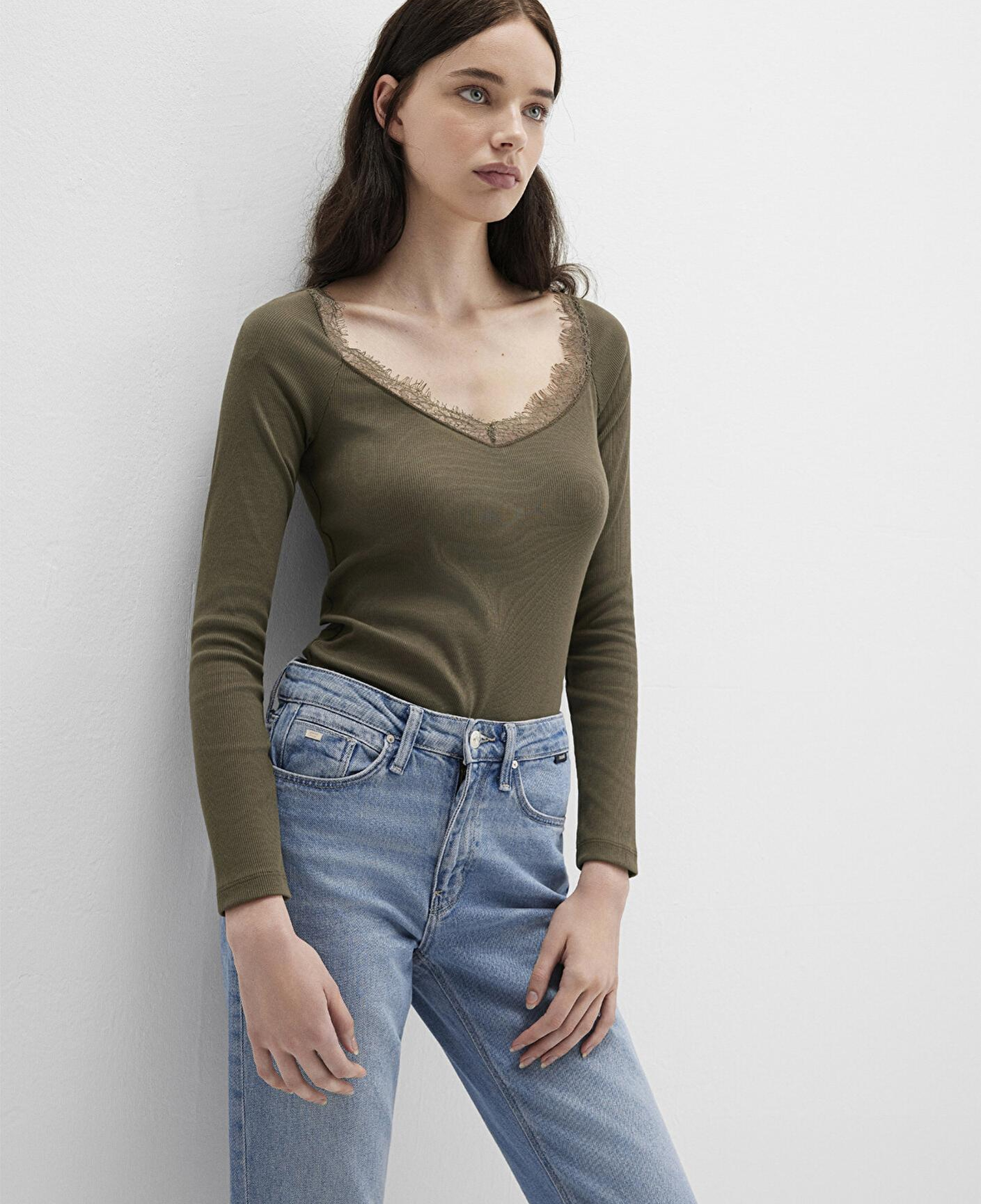 Mavi Uzun Kollu Haki Tişört Fitted / Vücuda Oturan Kesim 1613851-87538