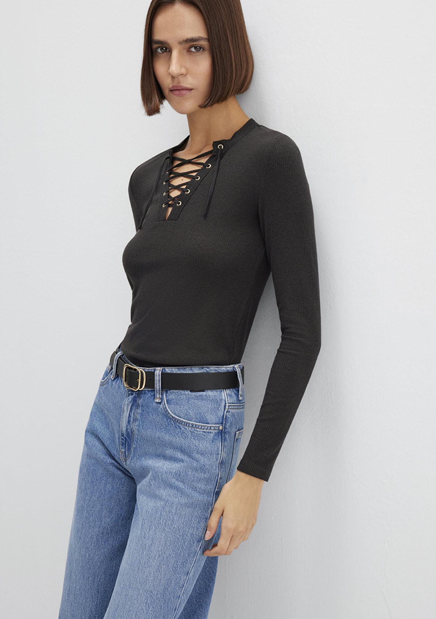 Mavi Uzun Kollu Antrasit Tişört Fitted / Vücuda Oturan Kesim 1613839-70262