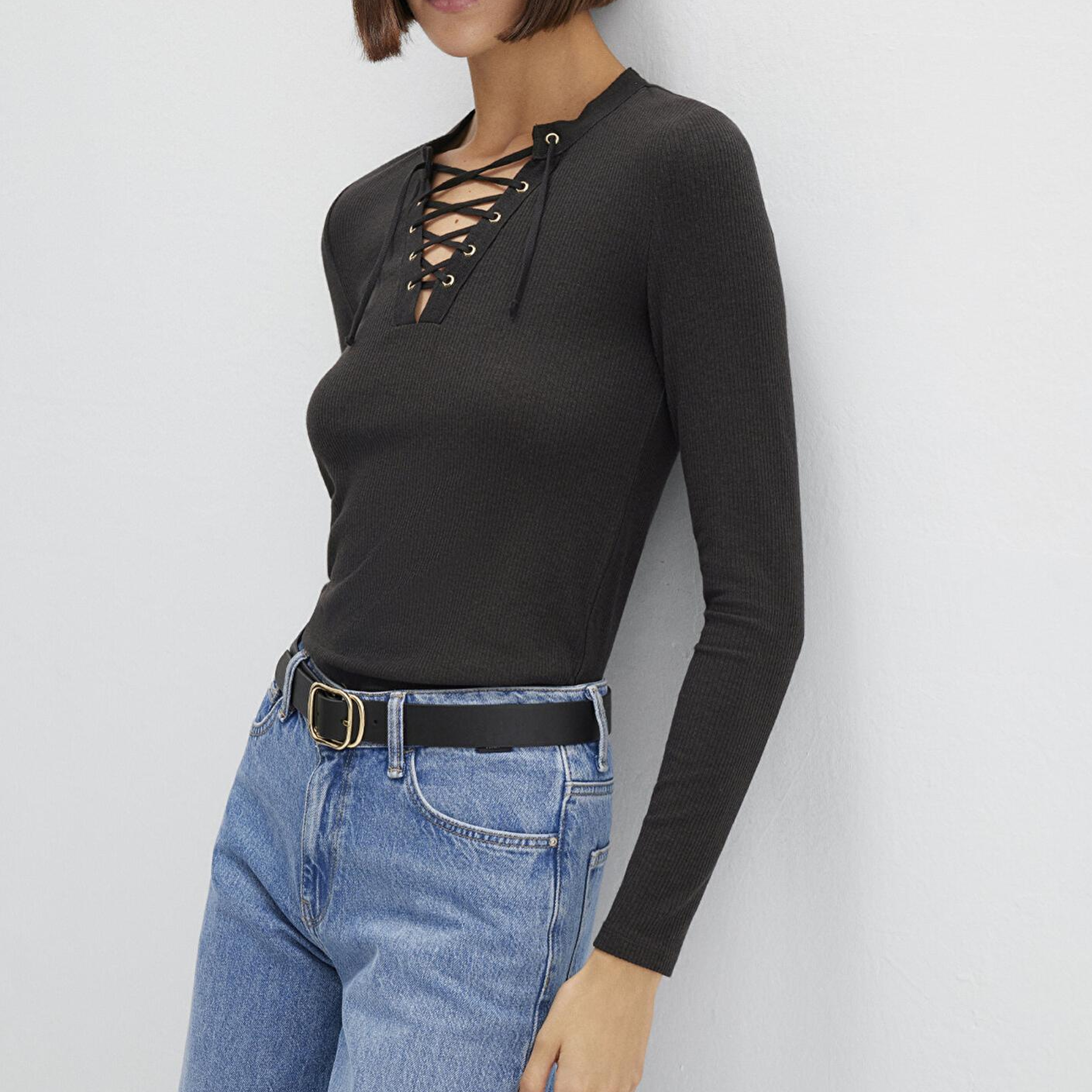 Mavi Uzun Kollu Antrasit Tişört Fitted / Vücuda Oturan Kesim 1613839-70262