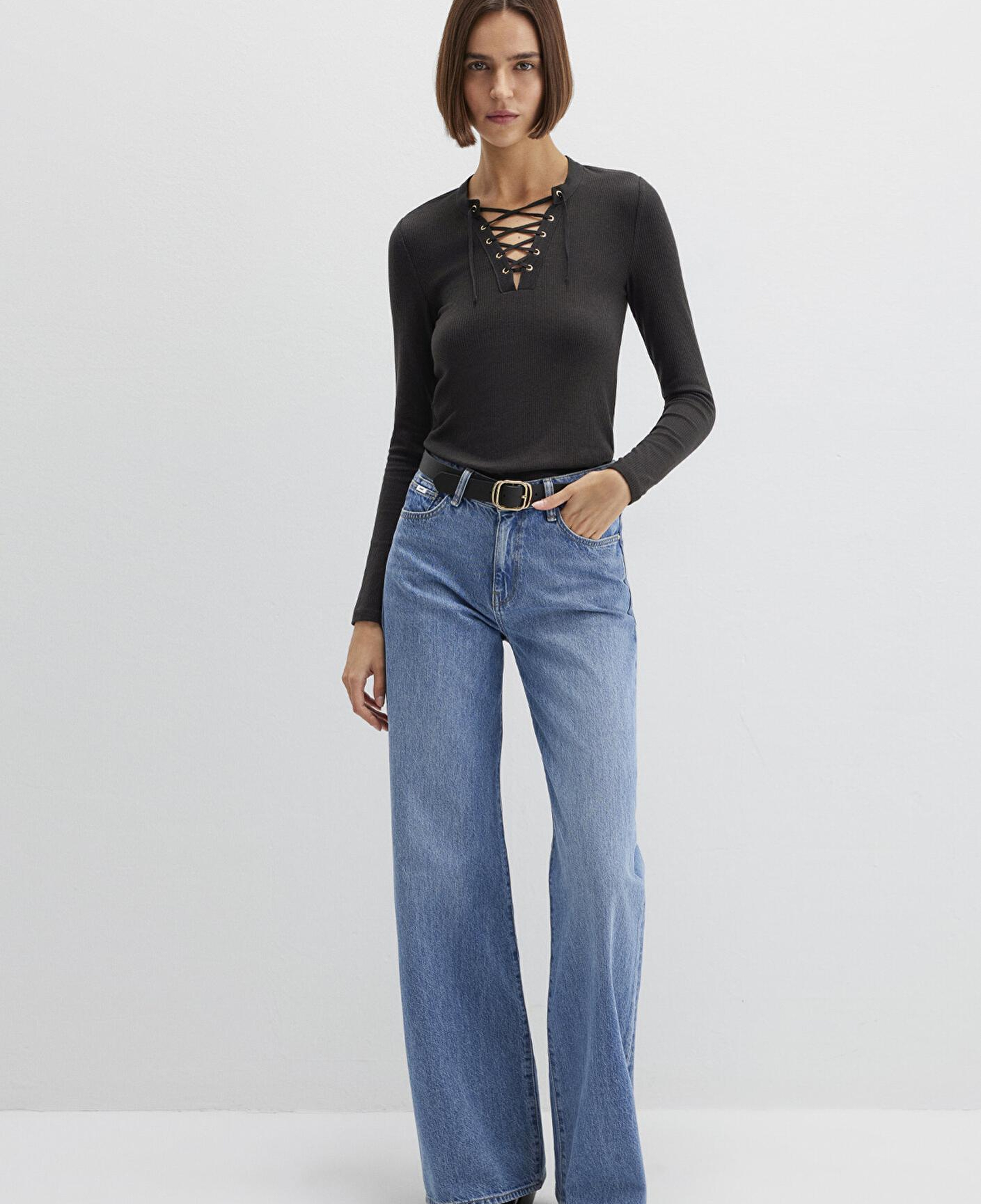 Mavi Uzun Kollu Antrasit Tişört Fitted / Vücuda Oturan Kesim 1613839-70262