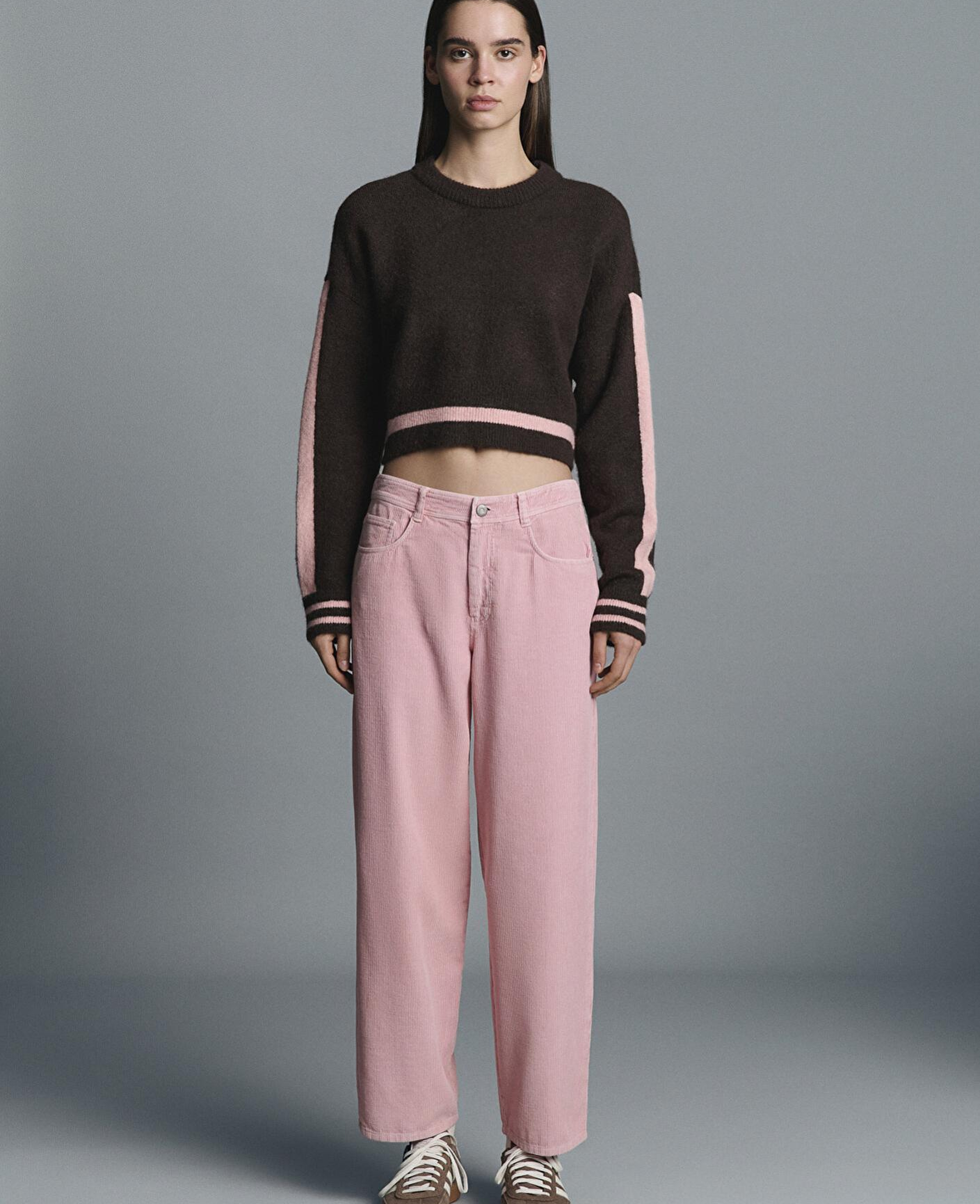 Mavi Çizgi Detaylı Kahverengi Kazak Crop / Kısa Kesim 1710876-70251