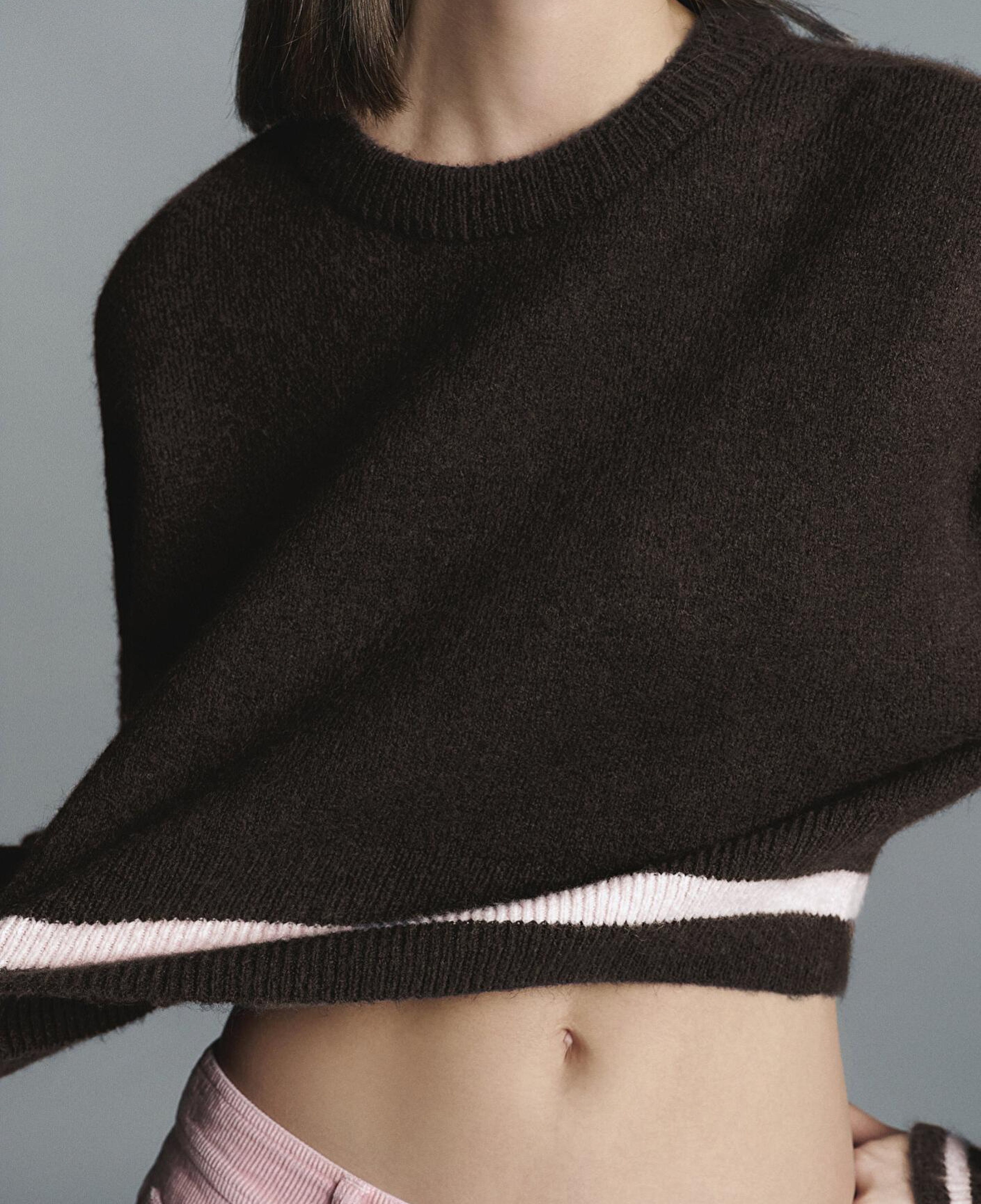 Mavi Çizgi Detaylı Kahverengi Kazak Crop / Kısa Kesim 1710876-70251