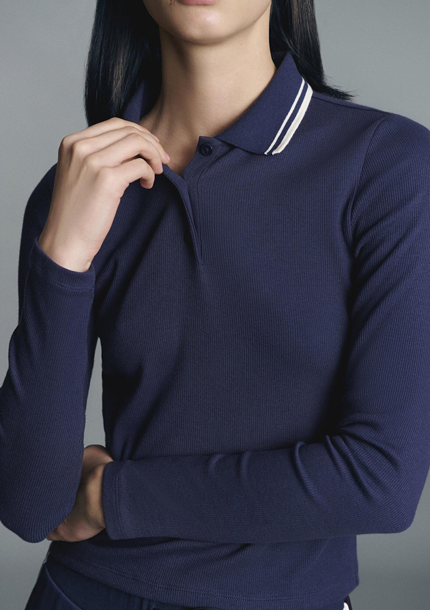 Mavi Çizgi Detaylı Lacivert Polo Tişört Fitted / Vücuda Oturan Kesim 1613836-80729