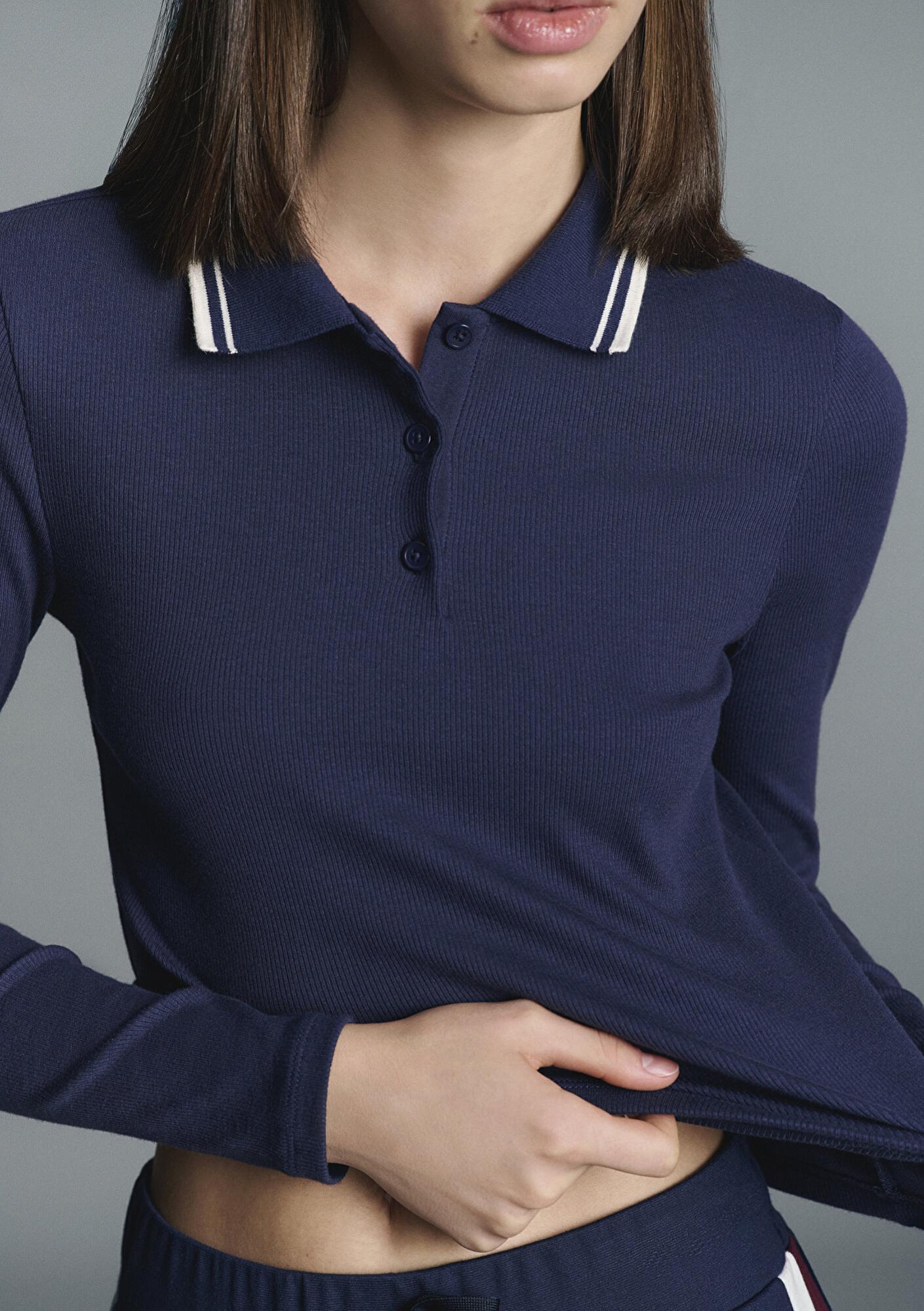 Mavi Çizgi Detaylı Lacivert Polo Tişört Fitted / Vücuda Oturan Kesim 1613836-80729