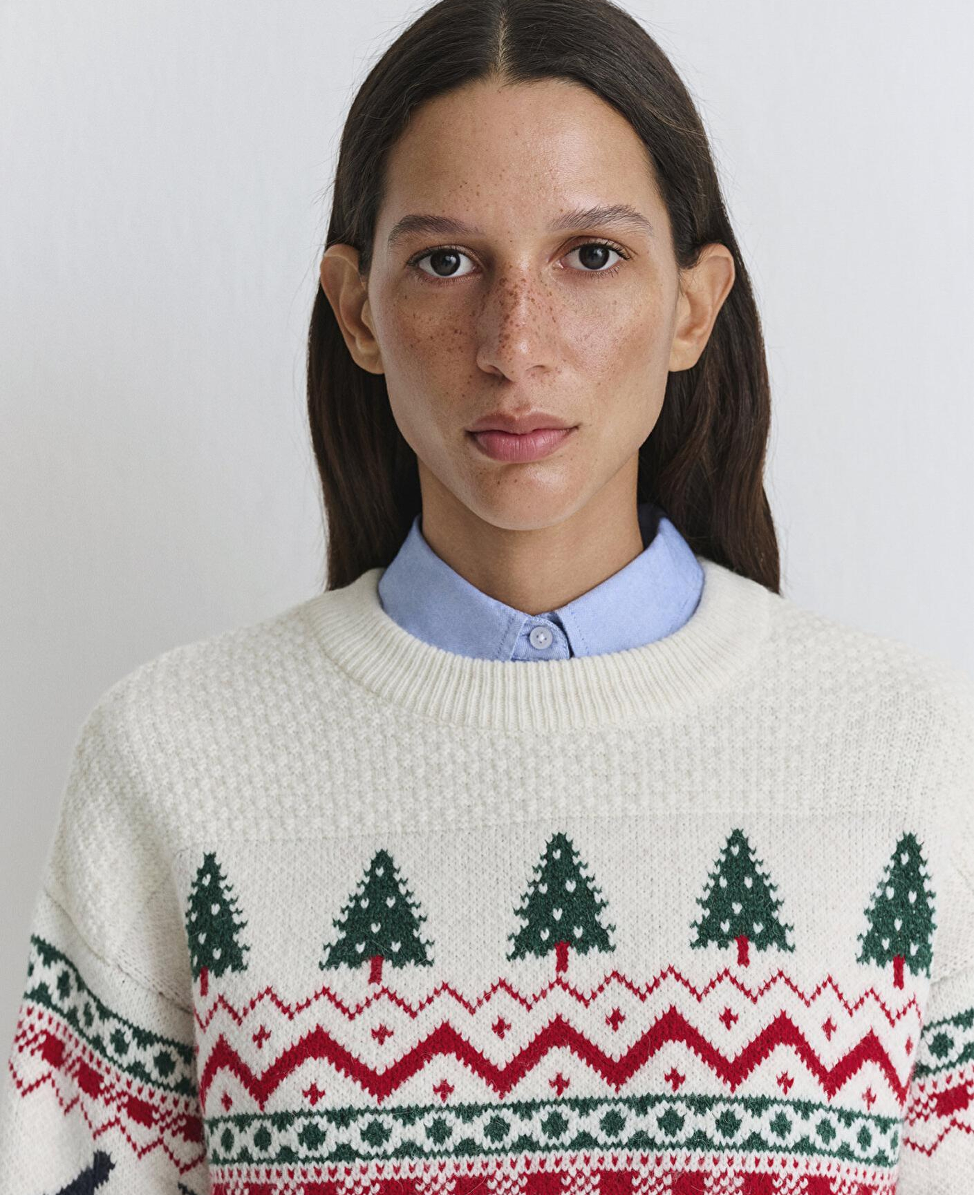 Mavi Yılbaşı Temalı Ekru Kazak Loose Fit / Bol Rahat Kesim 1710860-70057