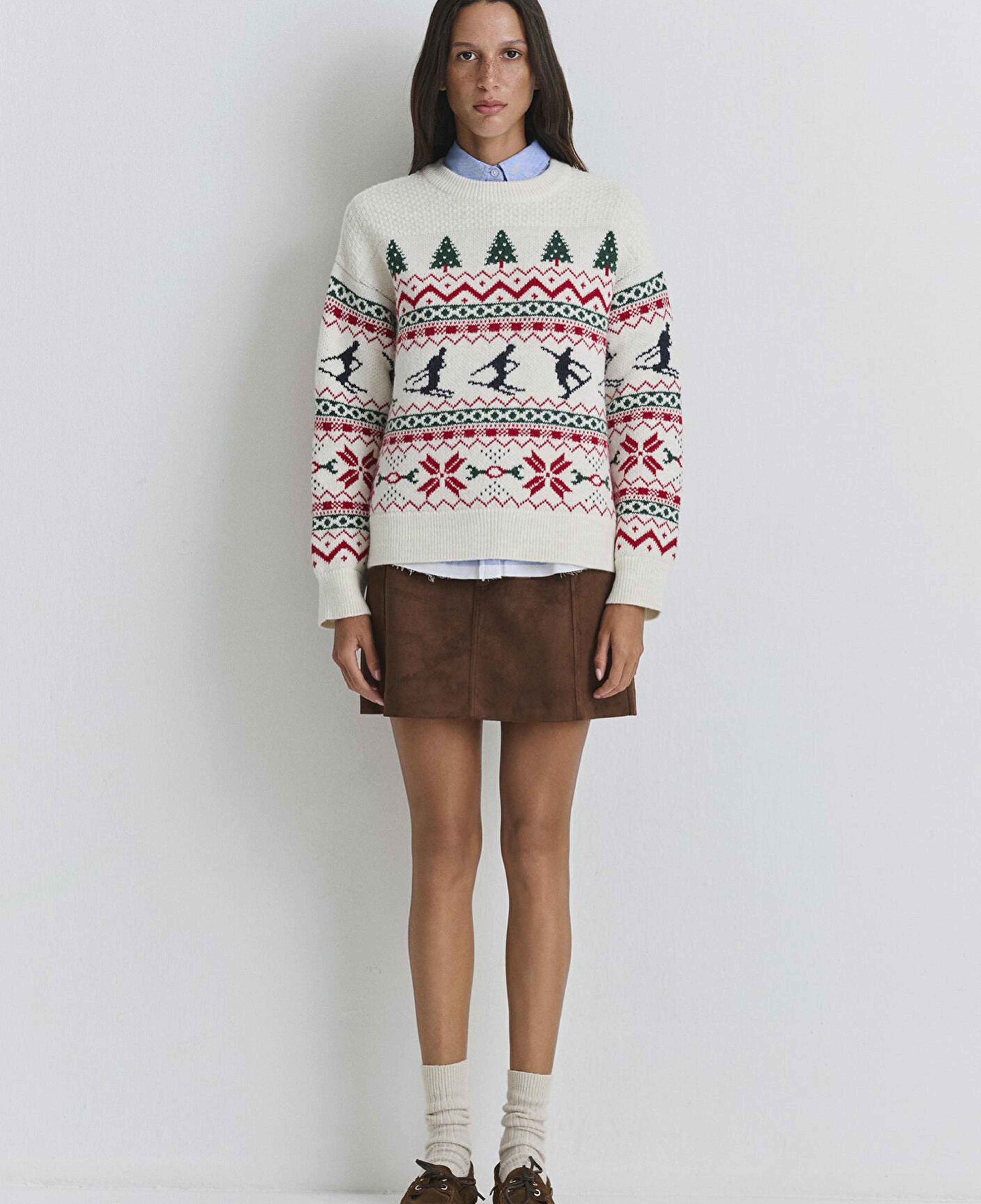 Mavi Yılbaşı Temalı Ekru Kazak Loose Fit / Bol Rahat Kesim 1710860-70057