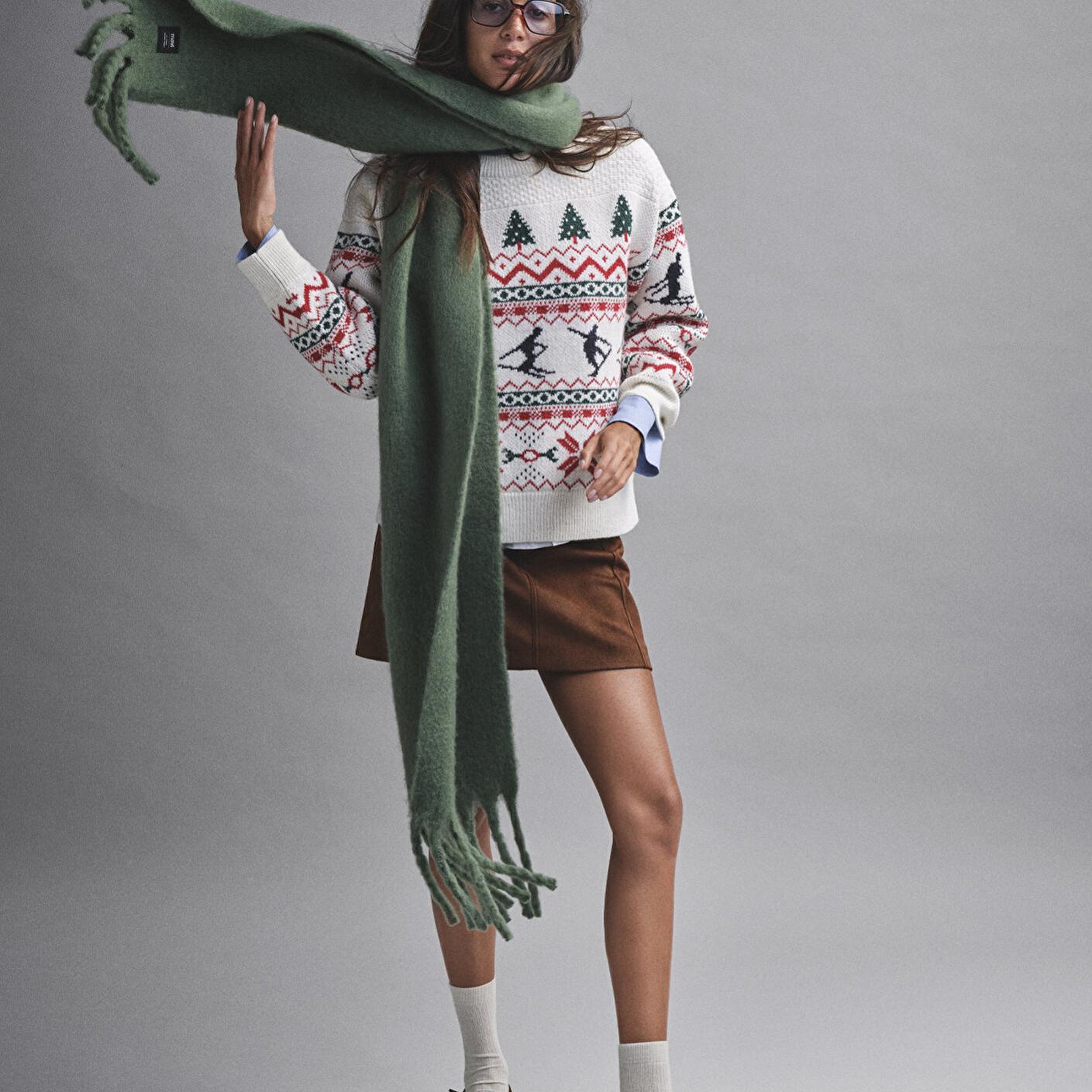 Mavi Yılbaşı Temalı Ekru Kazak Loose Fit / Bol Rahat Kesim 1710860-70057