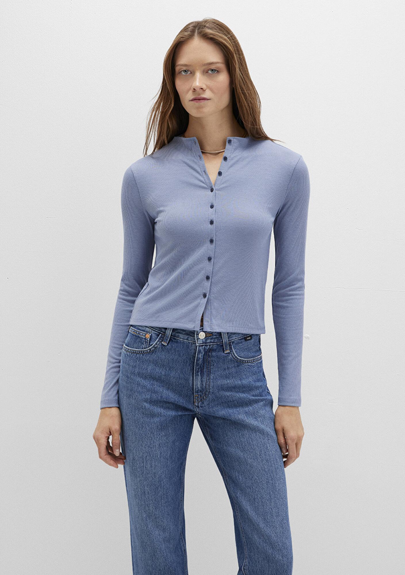 Mavi Düğme Detaylı Mavi Tişört Fitted / Vücuda Oturan Kesim 1613695-86802