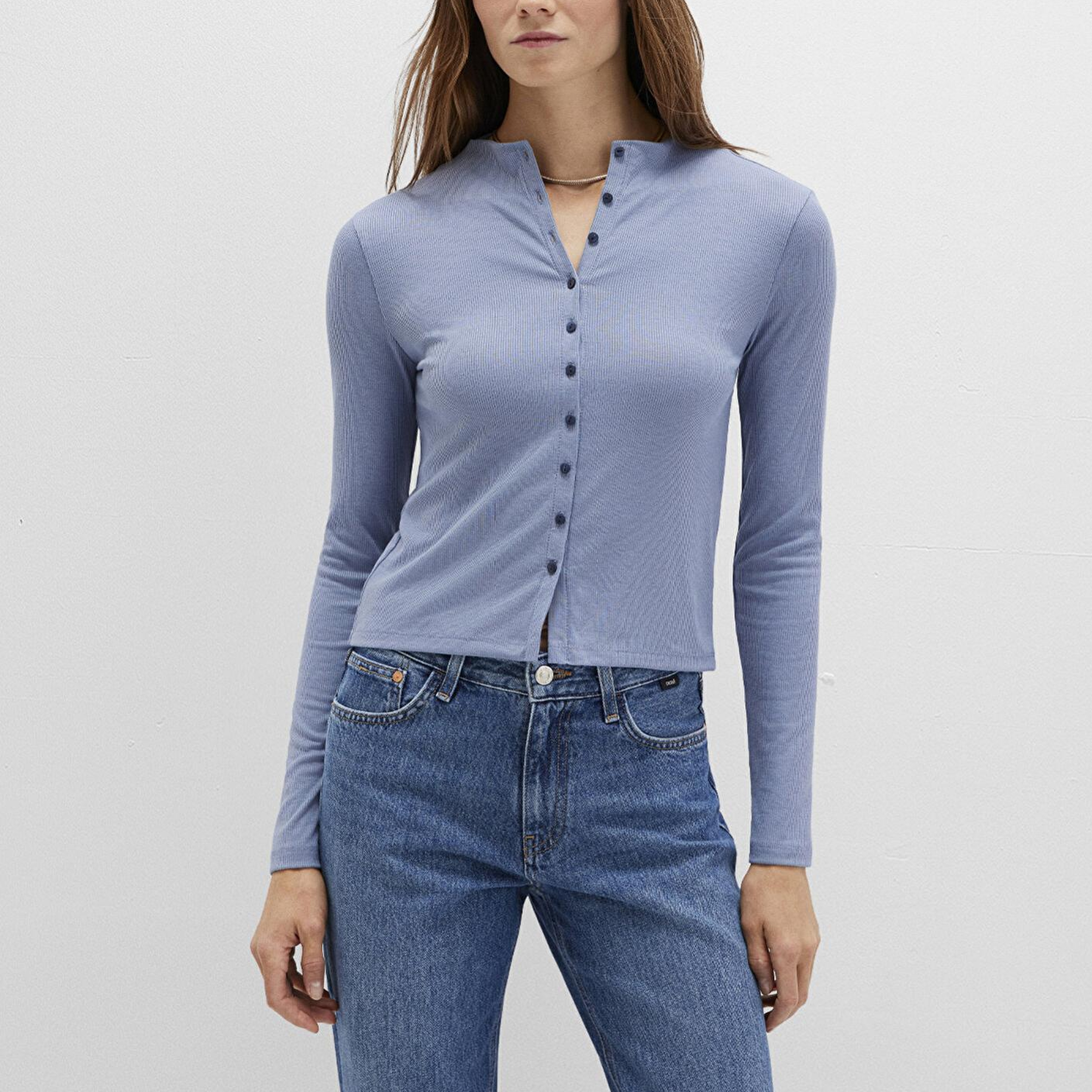 Mavi Düğme Detaylı Mavi Tişört Fitted / Vücuda Oturan Kesim 1613695-86802