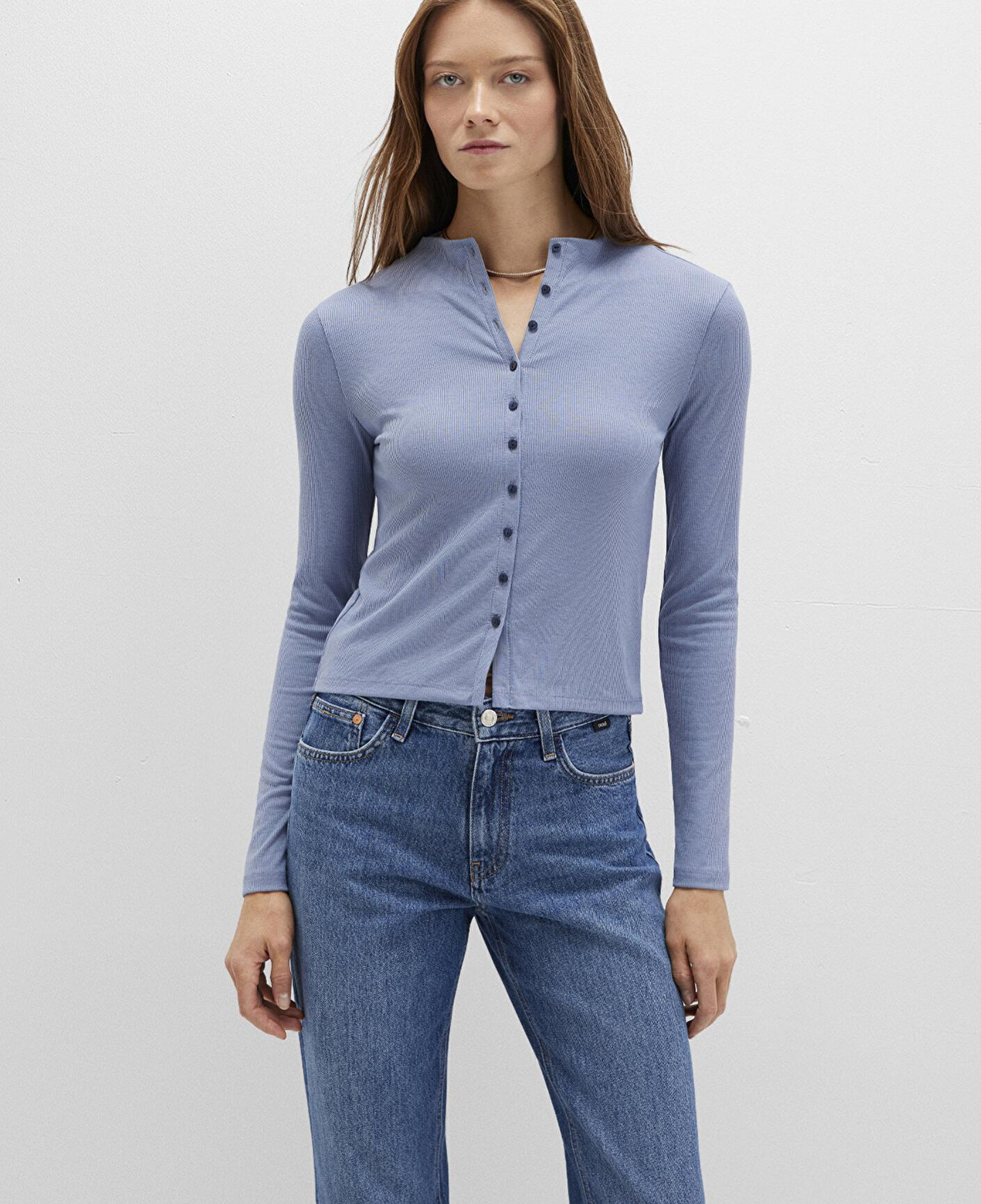 Mavi Düğme Detaylı Mavi Tişört Fitted / Vücuda Oturan Kesim 1613695-86802