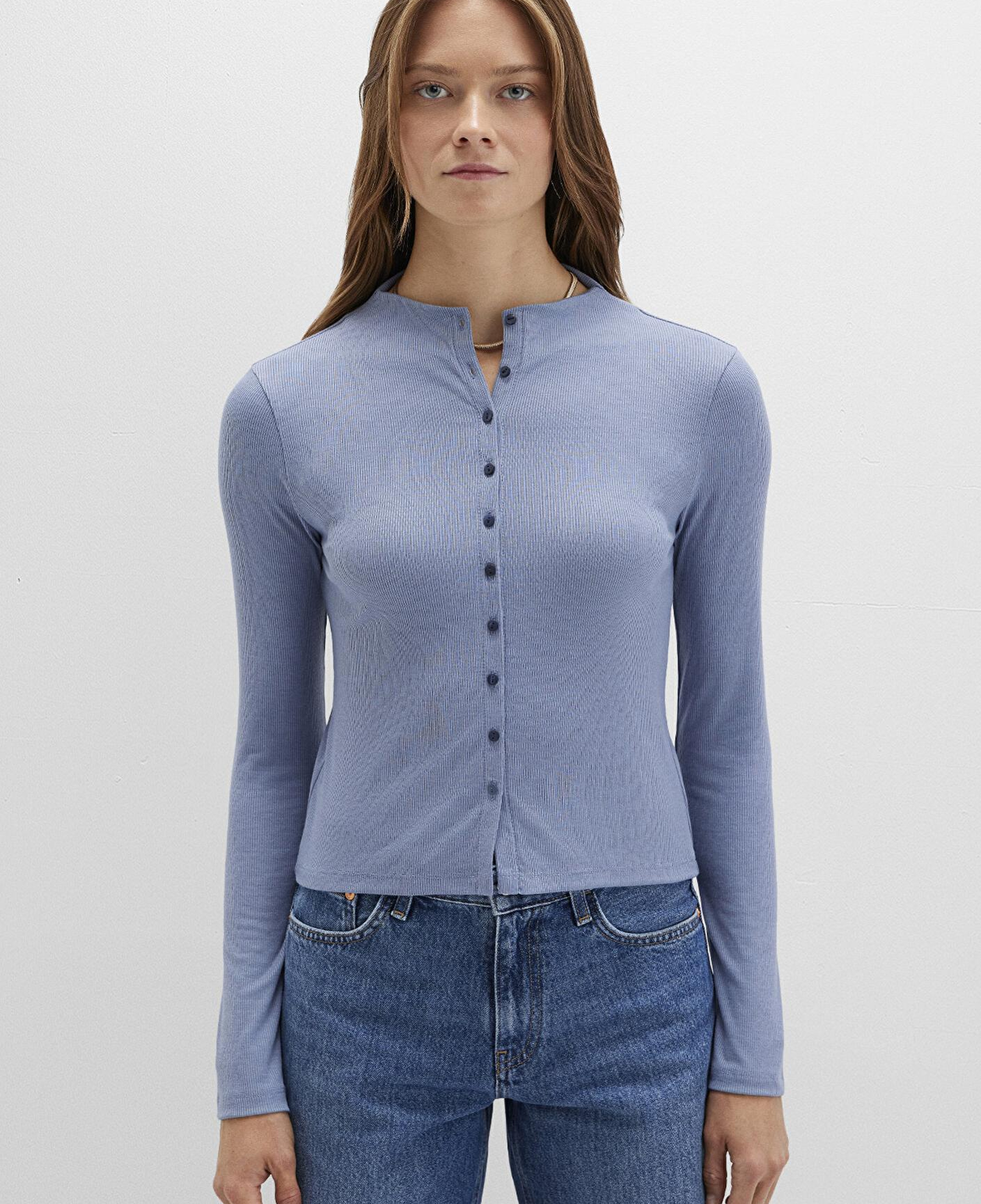 Mavi Düğme Detaylı Mavi Tişört Fitted / Vücuda Oturan Kesim 1613695-86802