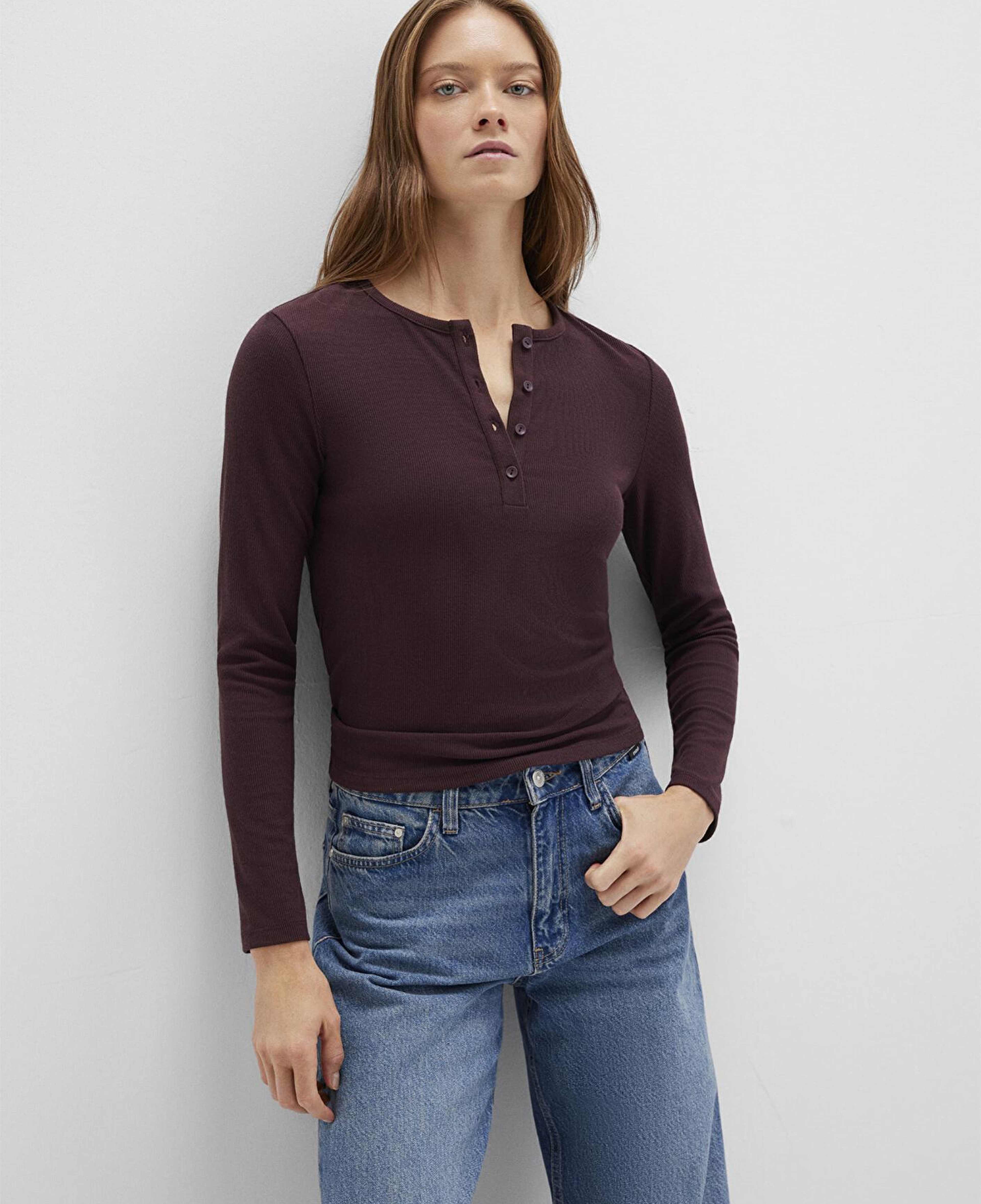 Mavi Uzun Kollu Bordo Basic Tişört Slim Fit / Dar Kesim 1613621-70223