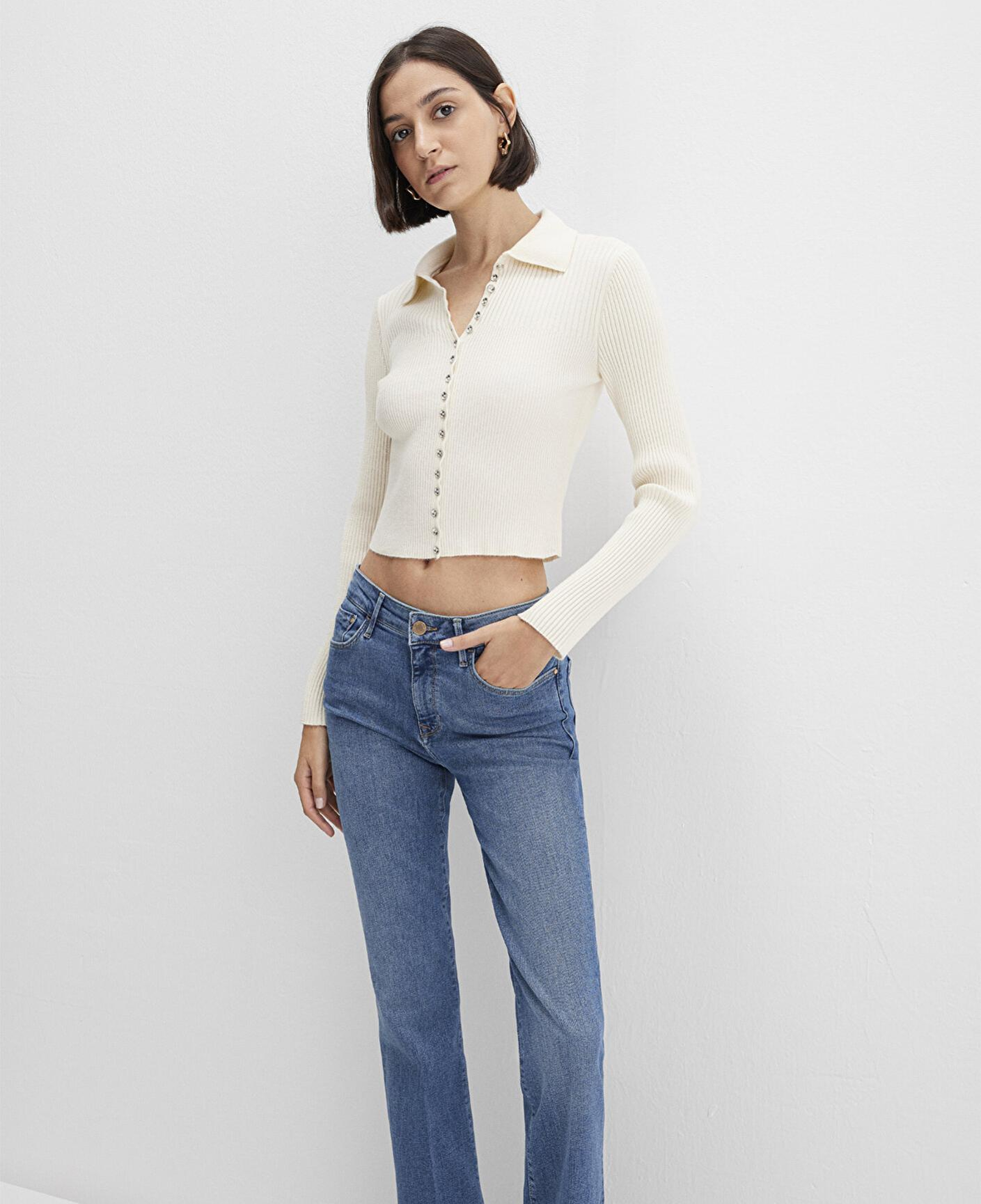 Mavi Düğmeli Ekru Triko Polo 1710787-80194