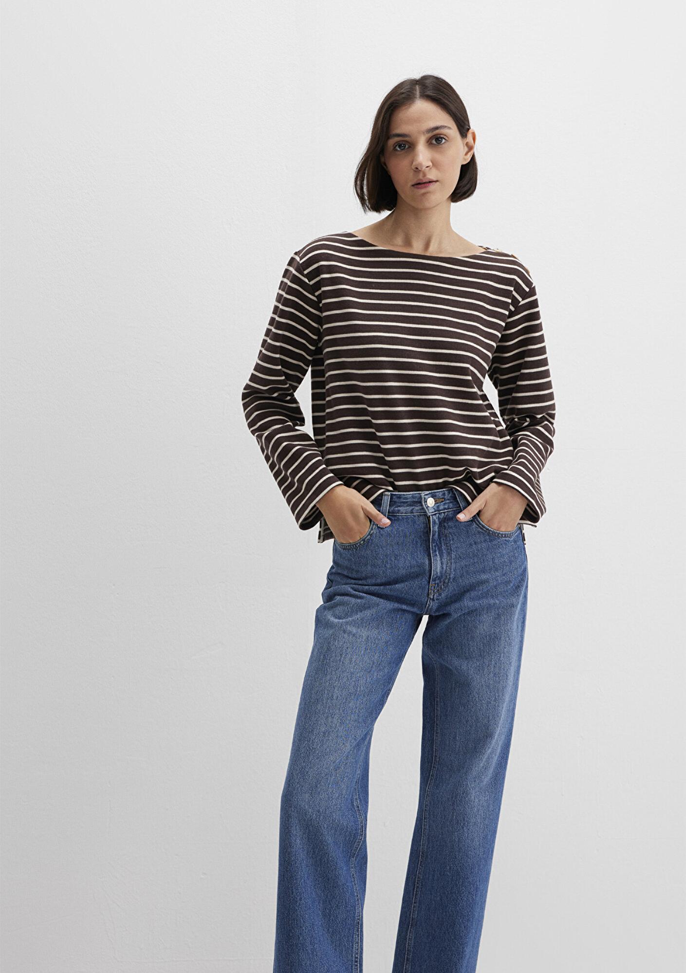 Mavi Çizgili Kahverengi Tişört Regular Fit / Normal Kesim 1613597-91190