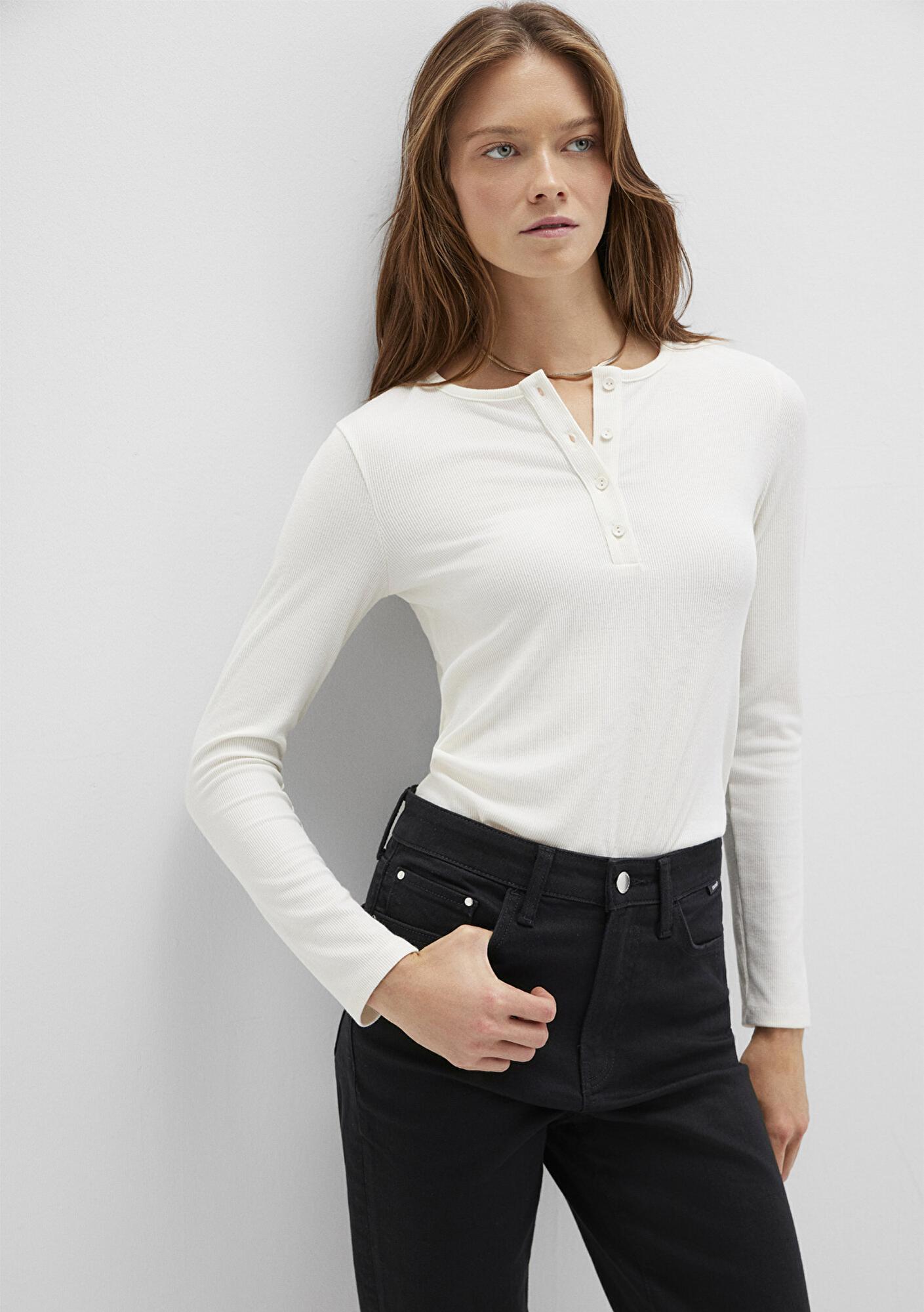 Mavi Uzun Kollu Ekru Basic Tişört Slim Fit / Dar Kesim 1613621-80194