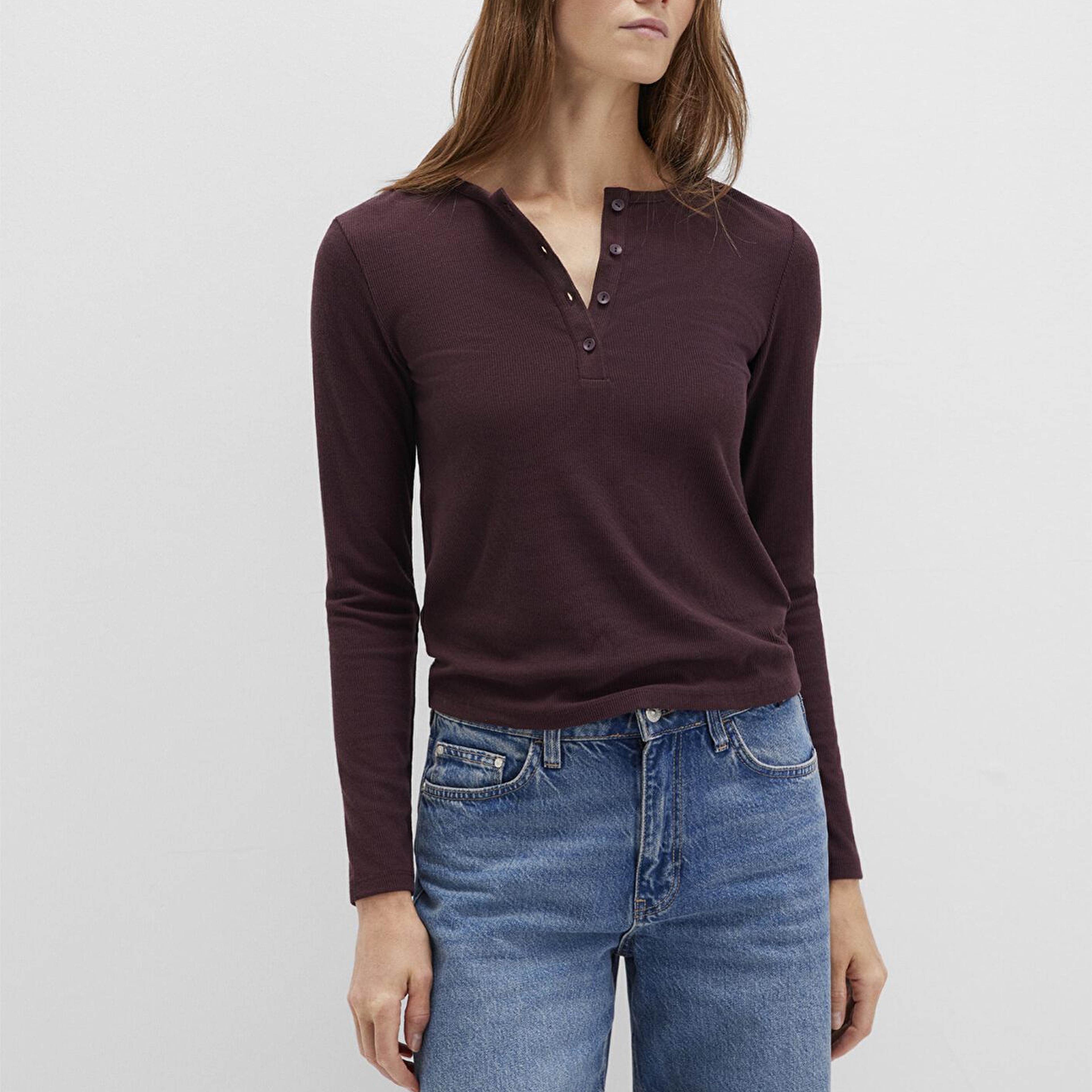 Mavi Uzun Kollu Bordo Basic Tişört Slim Fit / Dar Kesim 1613621-70223