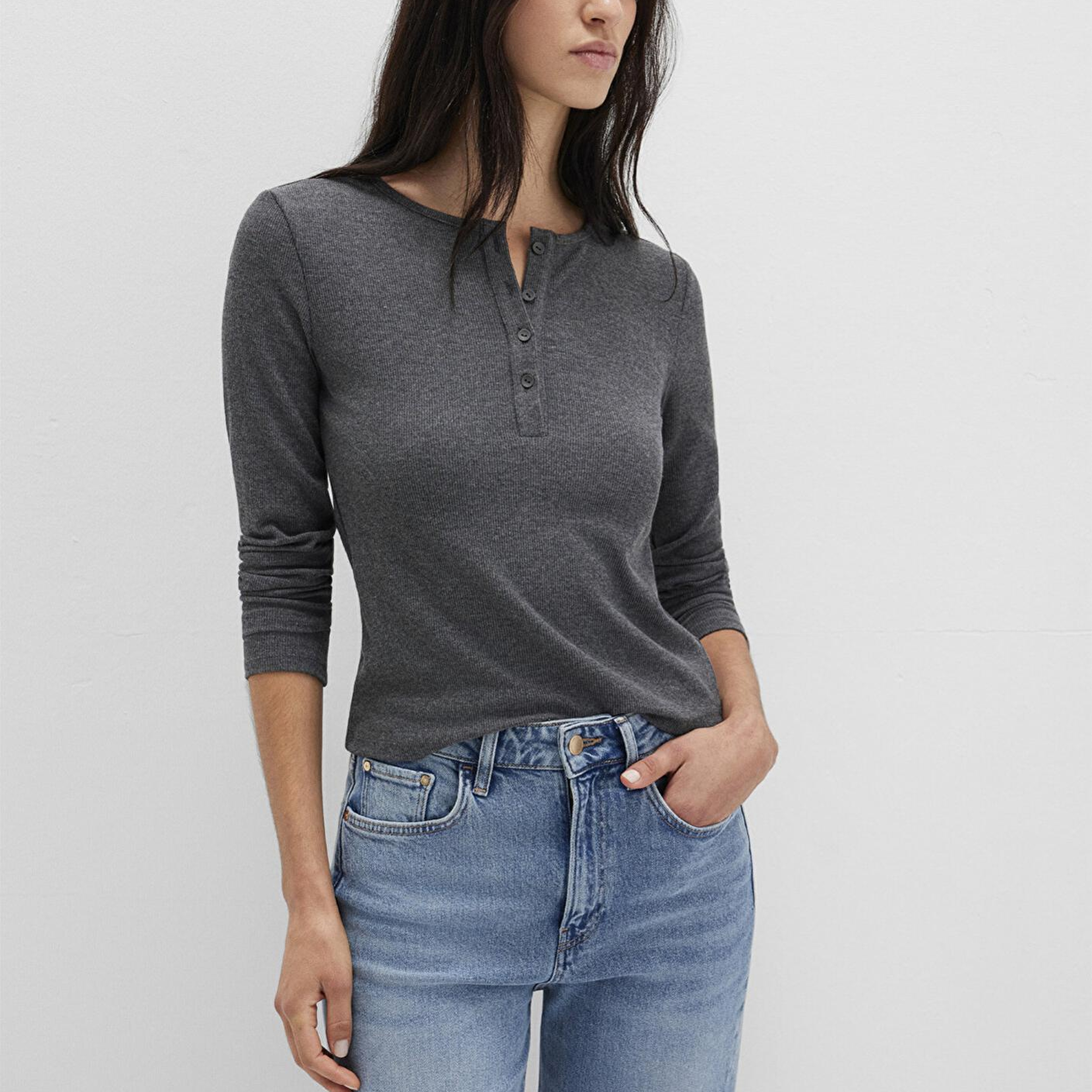 Mavi Uzun Kollu Gri Basic Tişört Slim Fit / Dar Kesim 1613621-80024