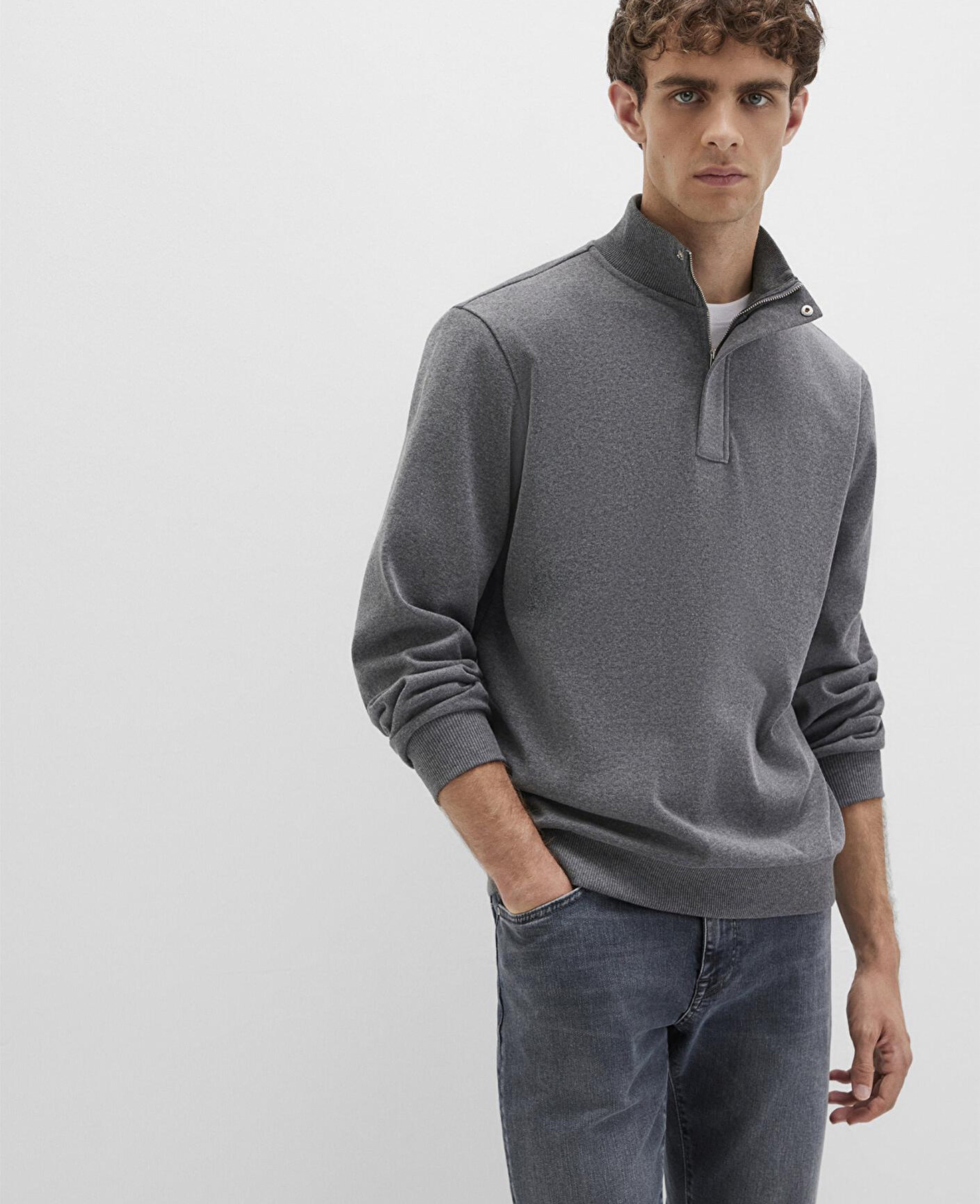 Mavi Düğme Detaylı Dik Yaka Gri Sweatshirt 0S10472-80018