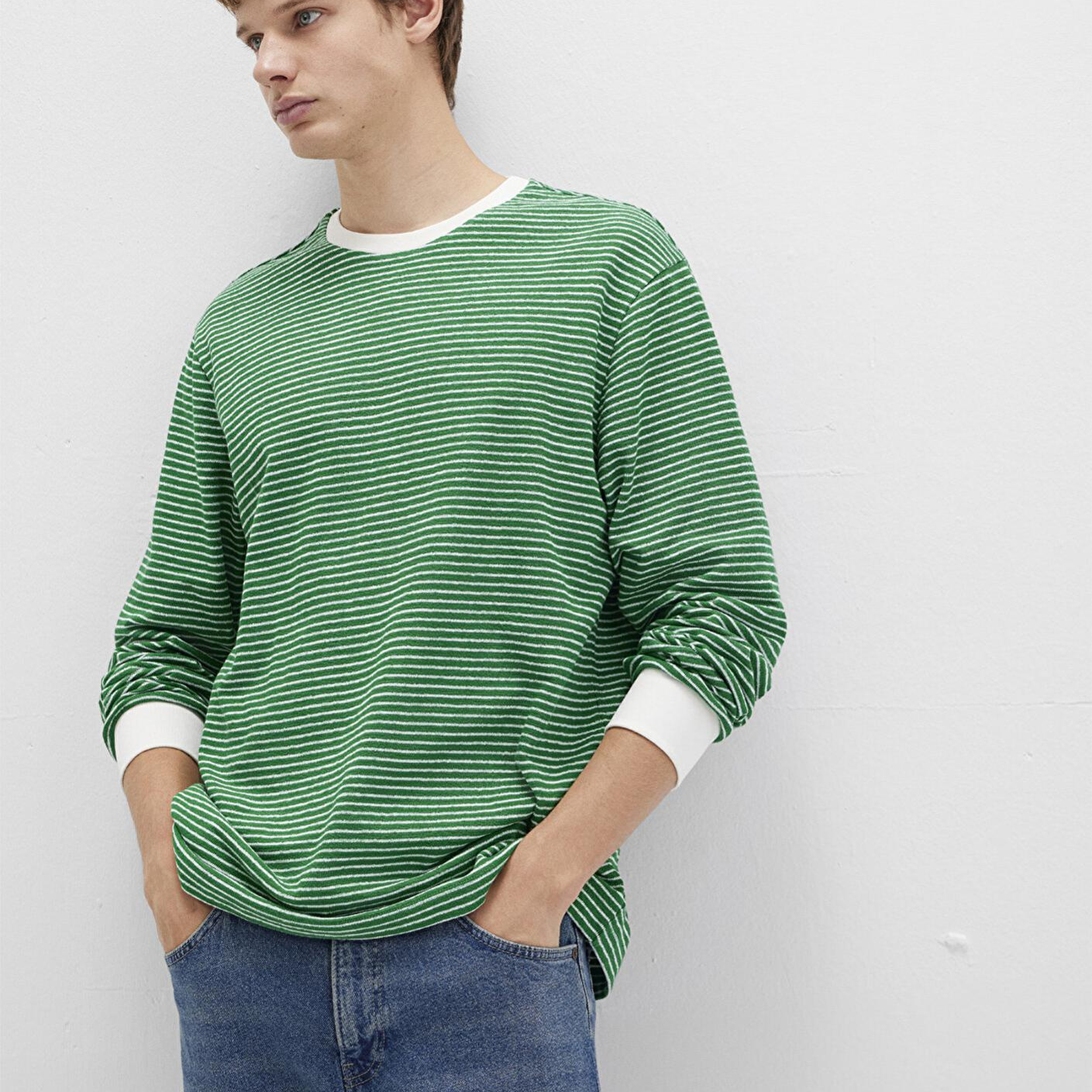 Mavi Çizgili Yeşil Tişört Loose Fit / Bol Rahat Kesim 0613038-85916