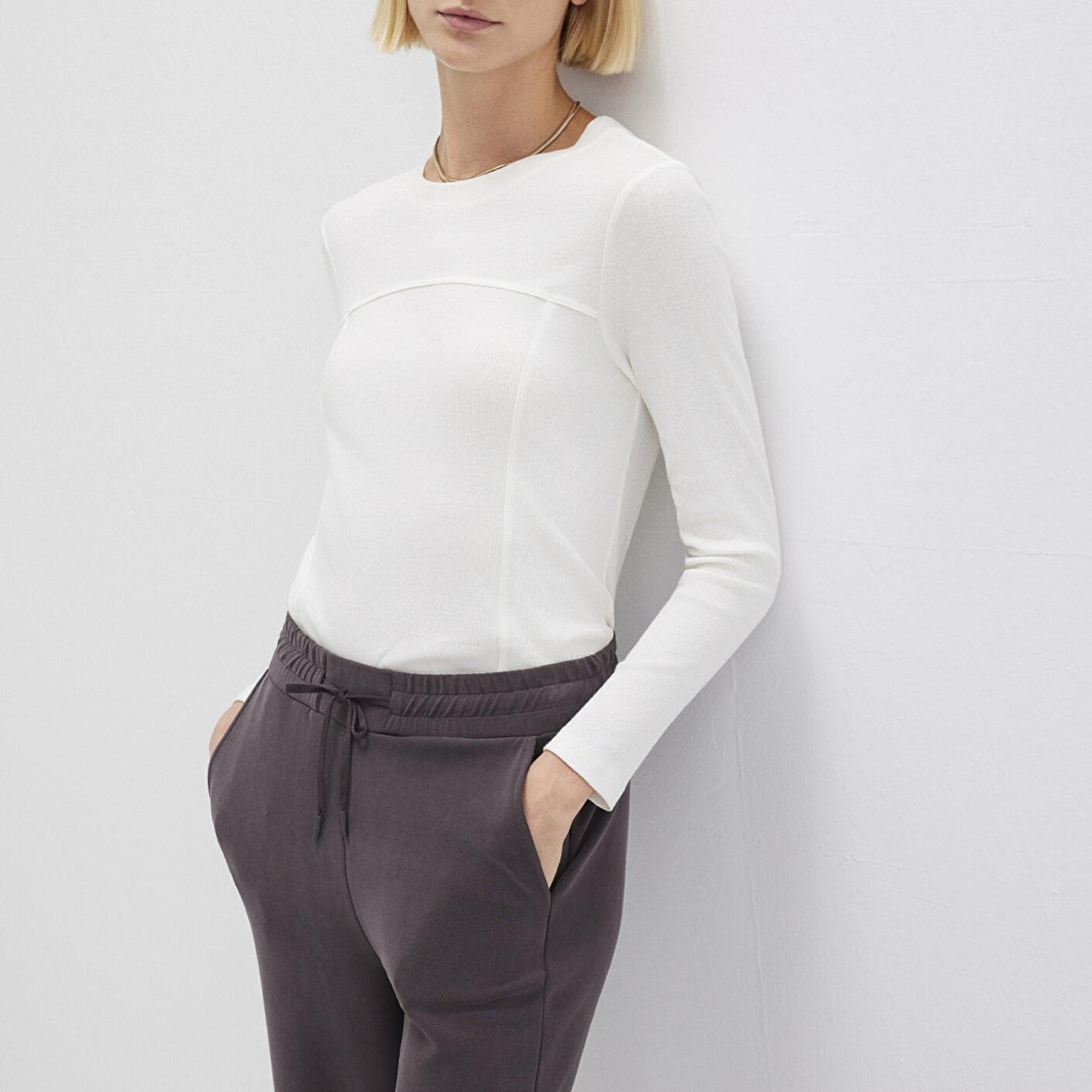 Mavi Ekru Uzun Kollu Tişört Fitted / Vücuda Oturan Kesim 1613625-80194