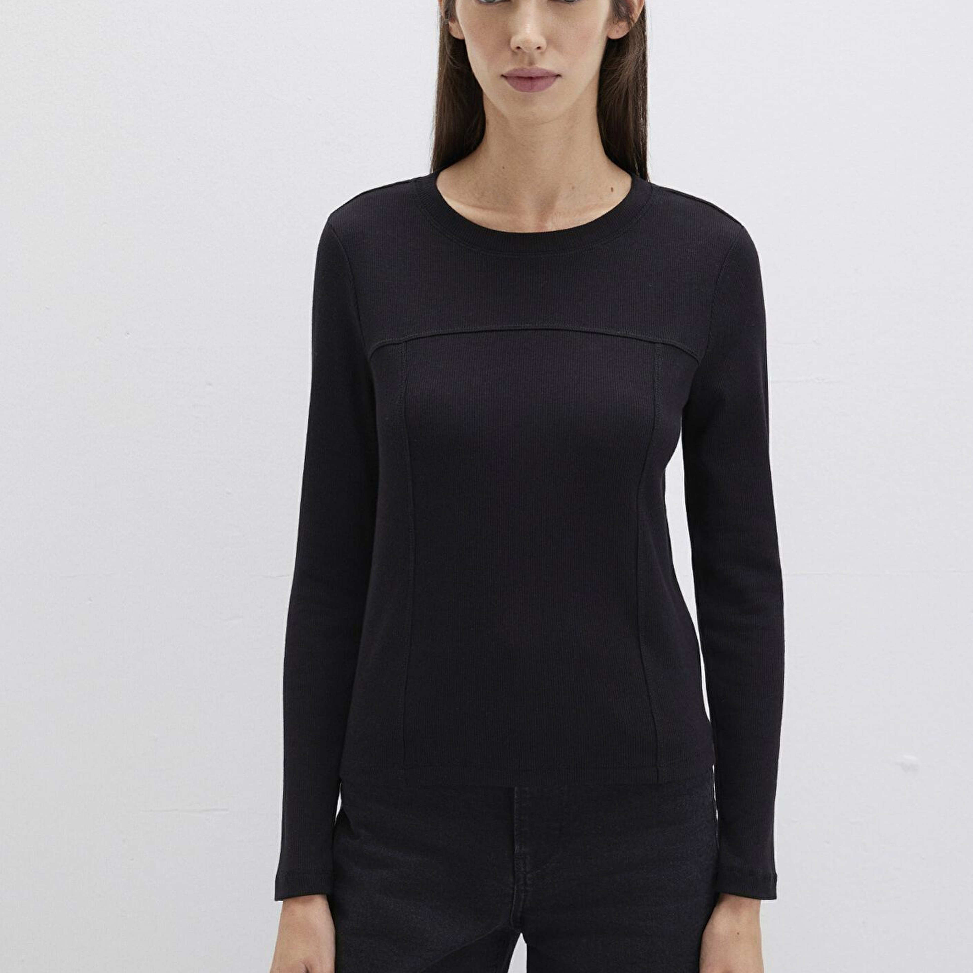 Mavi Siyah Uzun Kollu Tişört Fitted / Vücuda Oturan Kesim 1613625-900