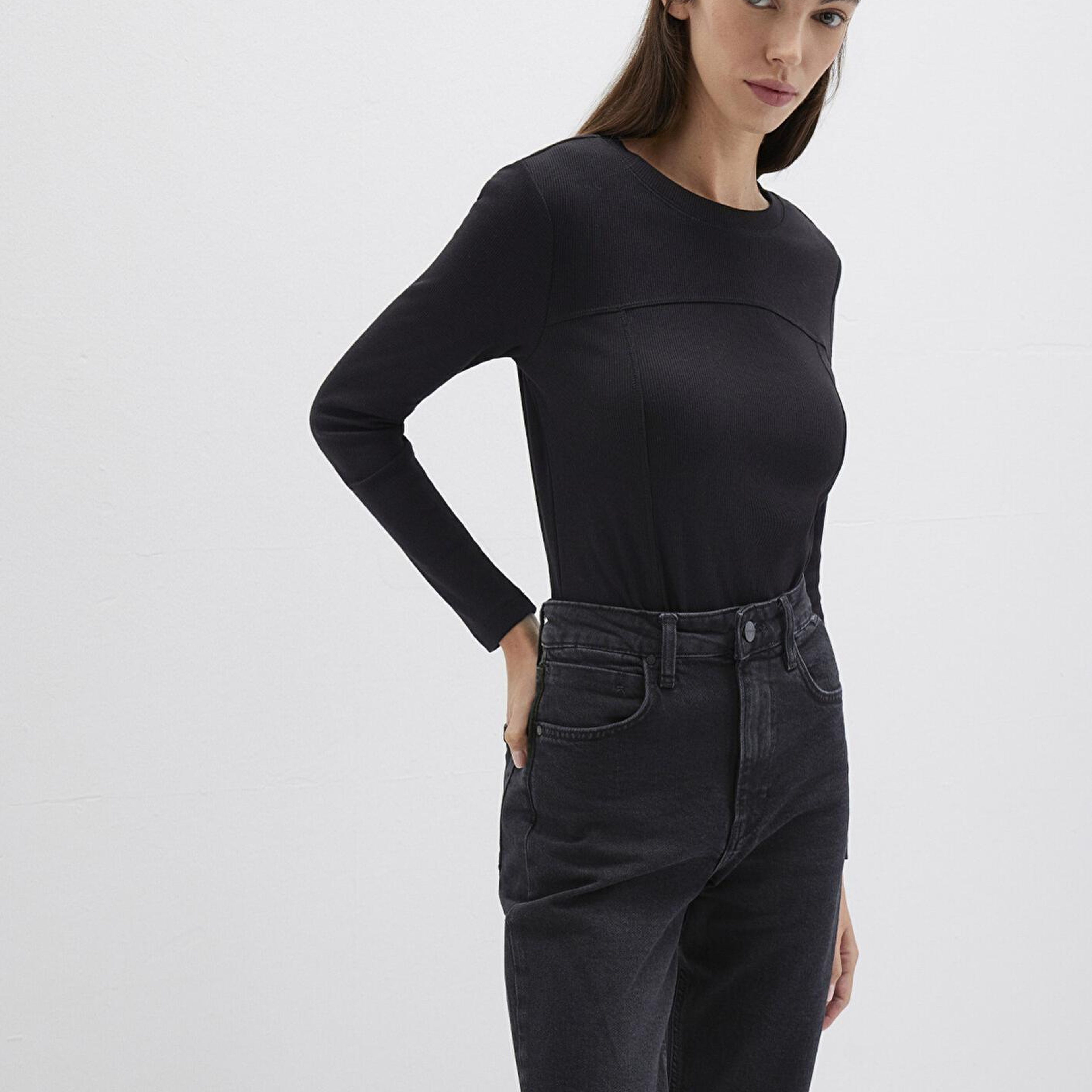 Mavi Siyah Uzun Kollu Tişört Fitted / Vücuda Oturan Kesim 1613625-900