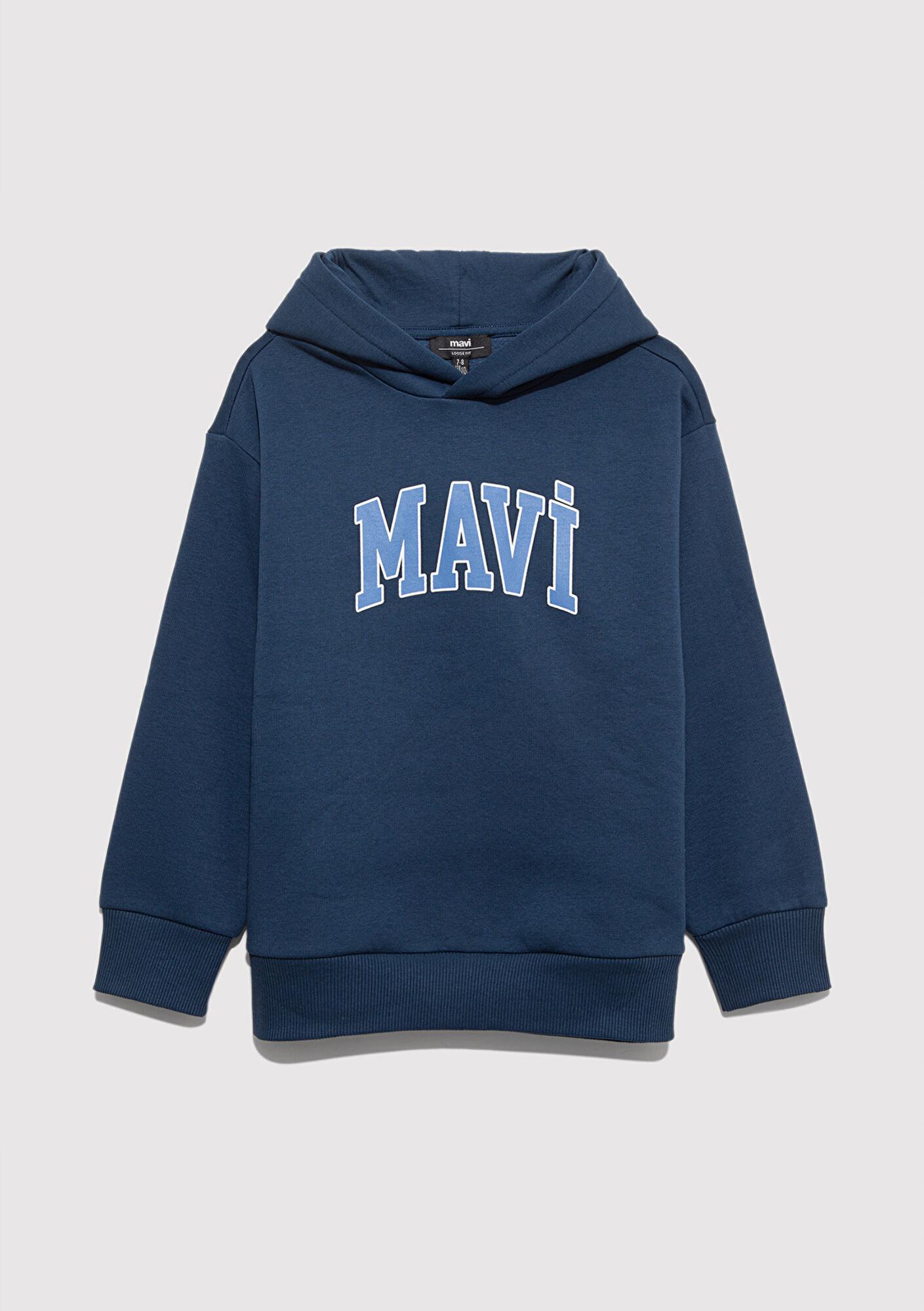 Mavi Mavi Logo Baskılı Lacivert Kapüşonlu Sweatshirt 6610110-70720
