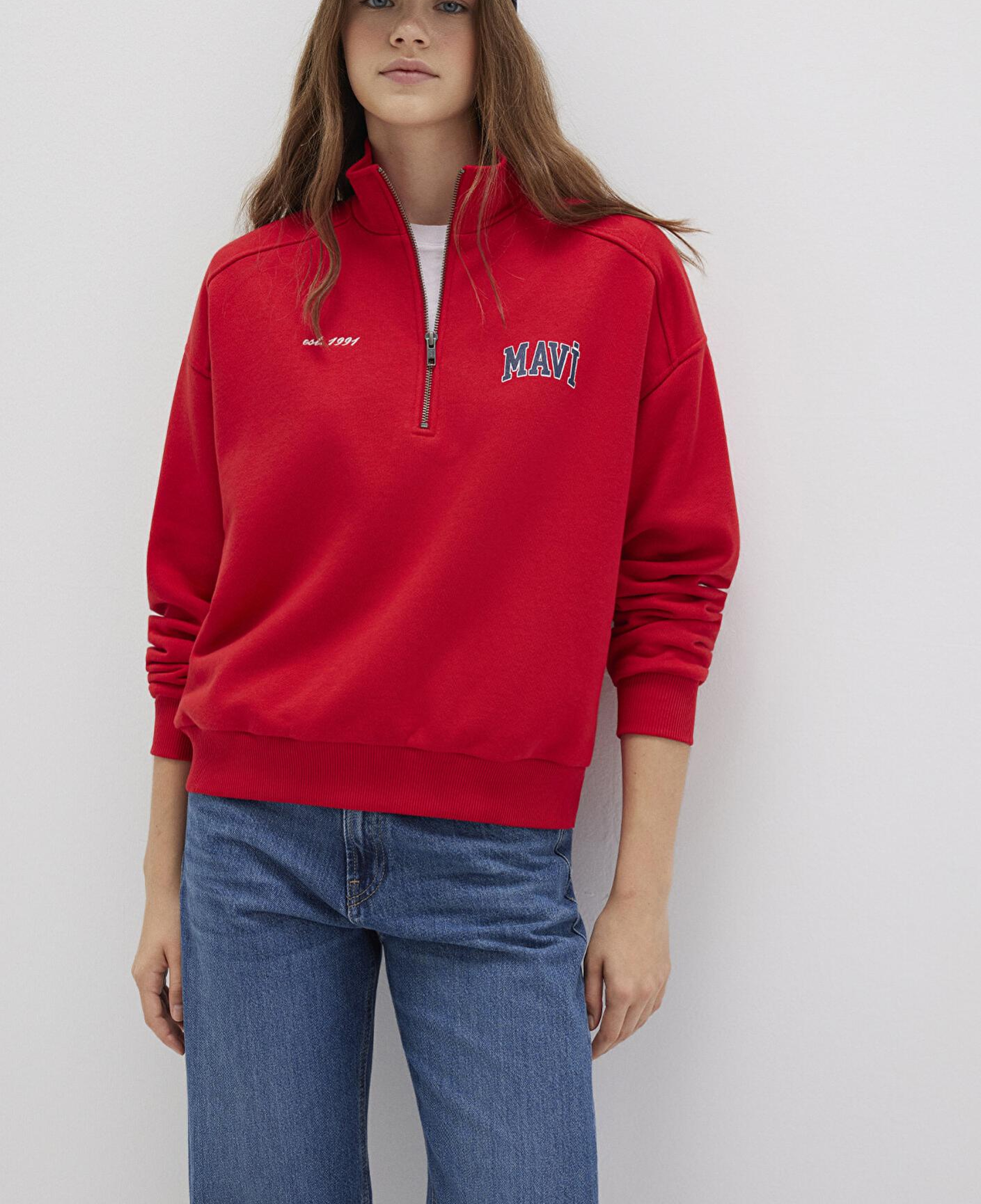 Mavi Mavi Logo Baskılı Yarı Fermuarlı Kırmızı Sweatshirt 1S10373-90742