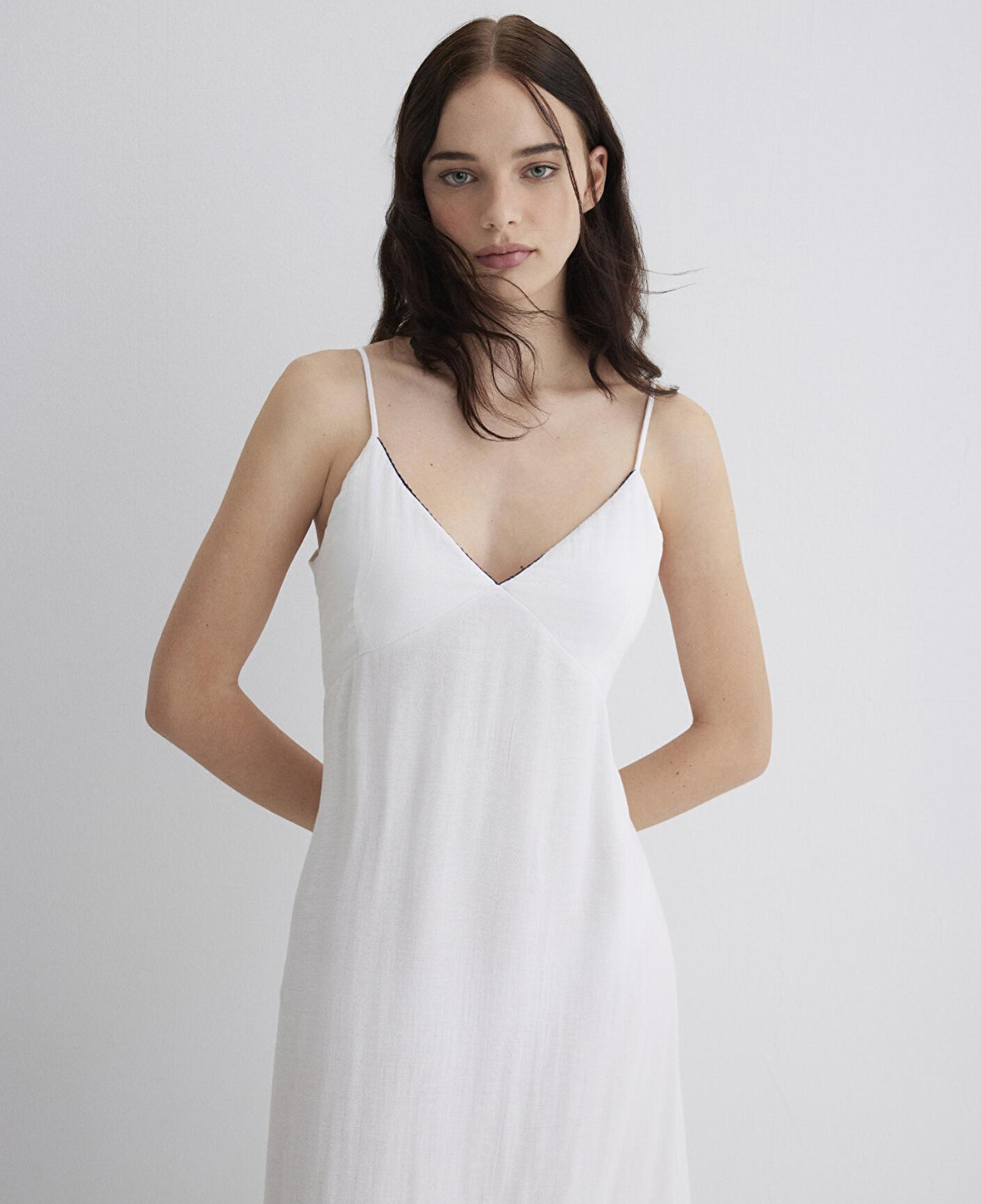 Mavi Keten Karışımlı Beyaz Elbise 1310797-620