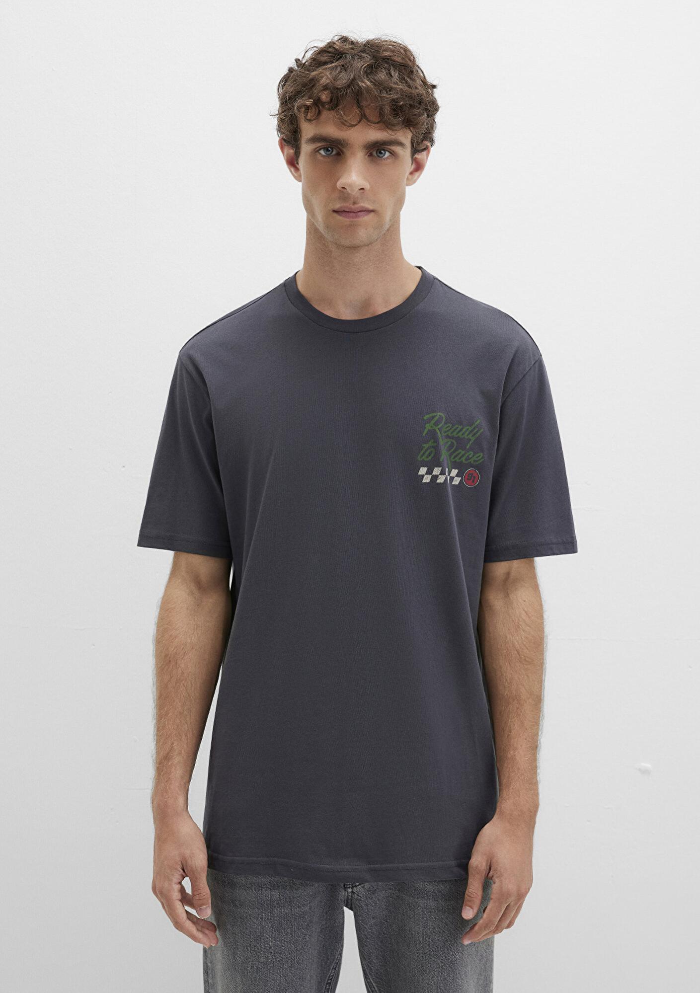 Mavi Baskılı Antrasit Tişört Loose Fit / Bol Rahat Kesim 0613031-80106