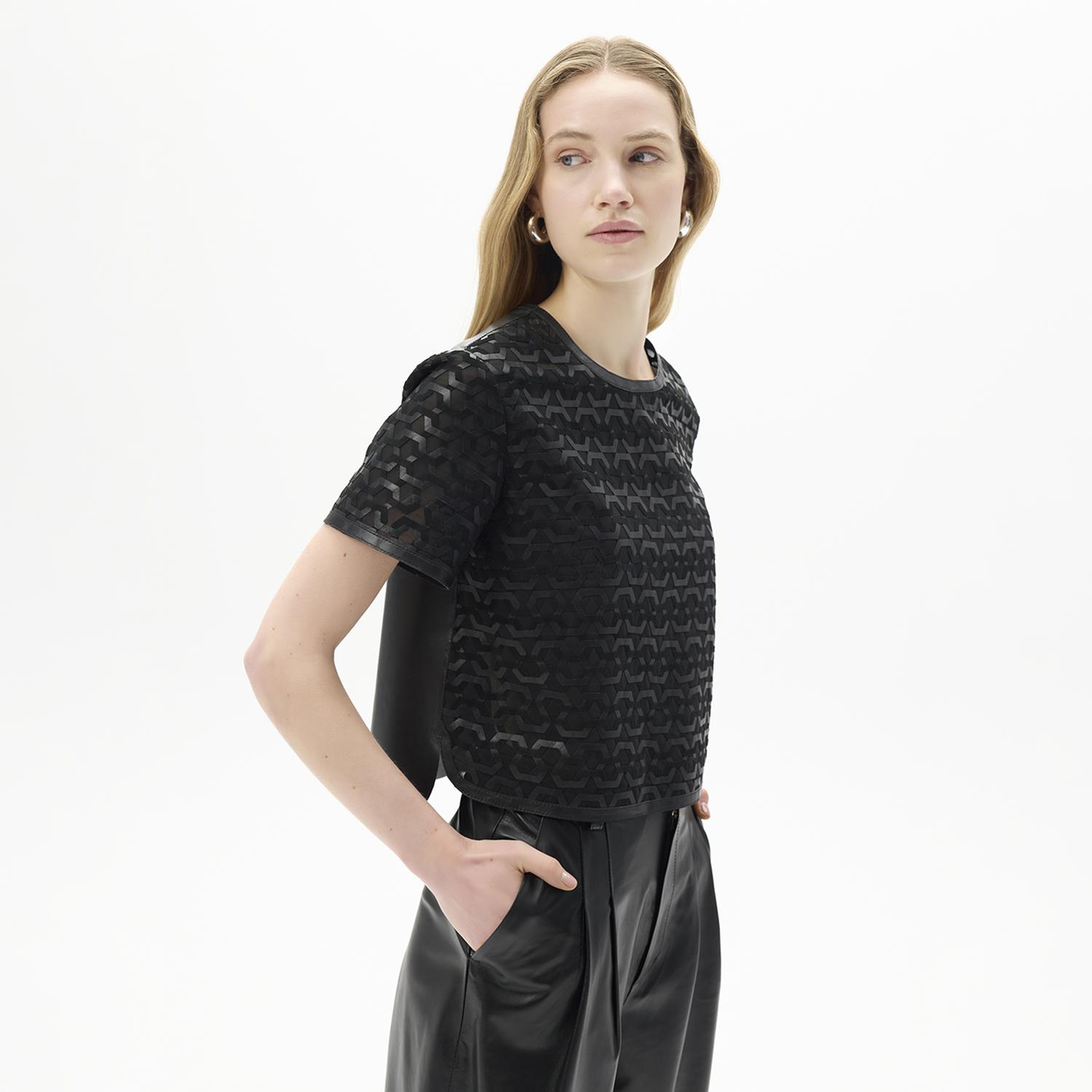 Kadın Siyah Deri Detaylı Bluz