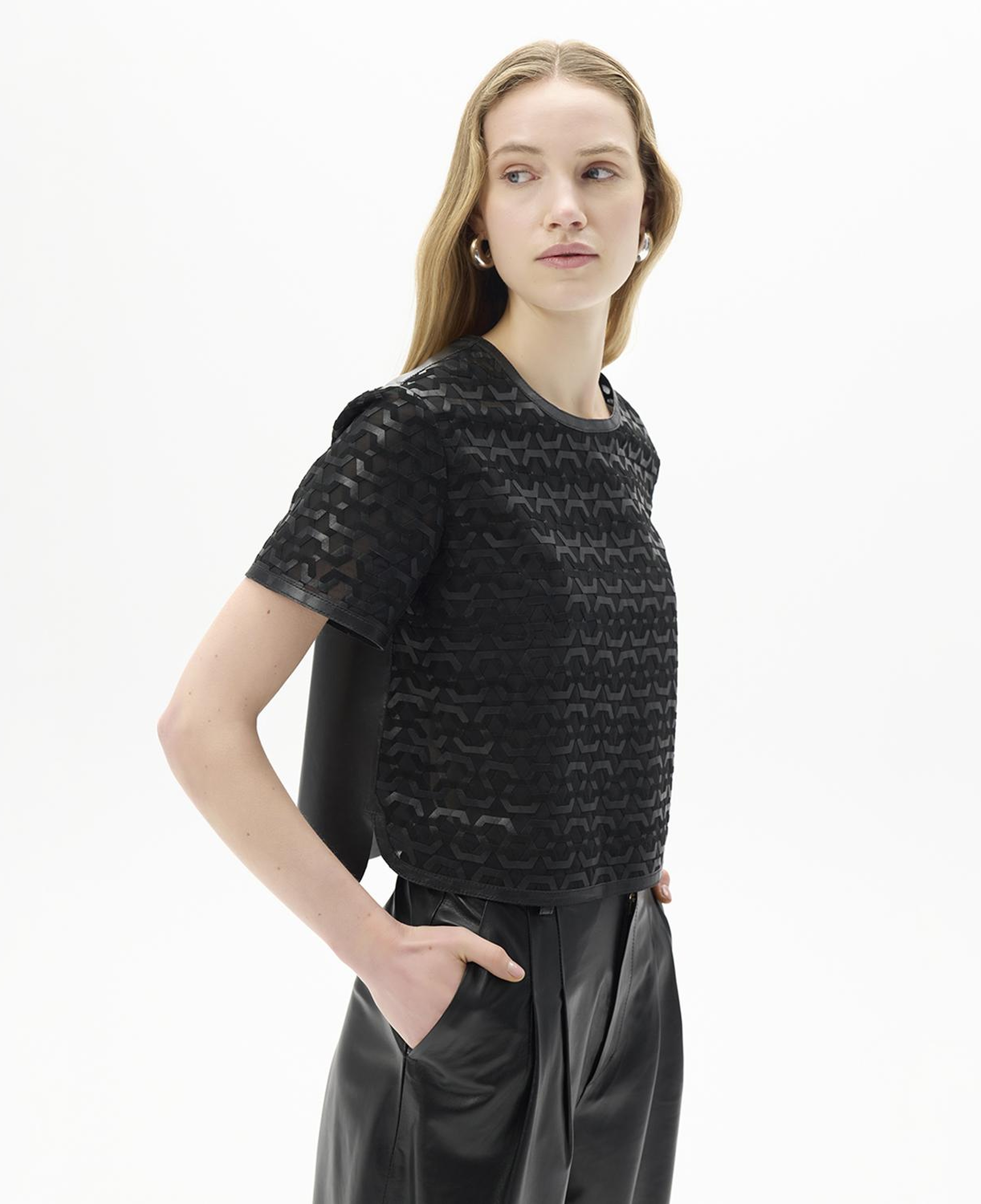 Kadın Siyah Deri Detaylı Bluz