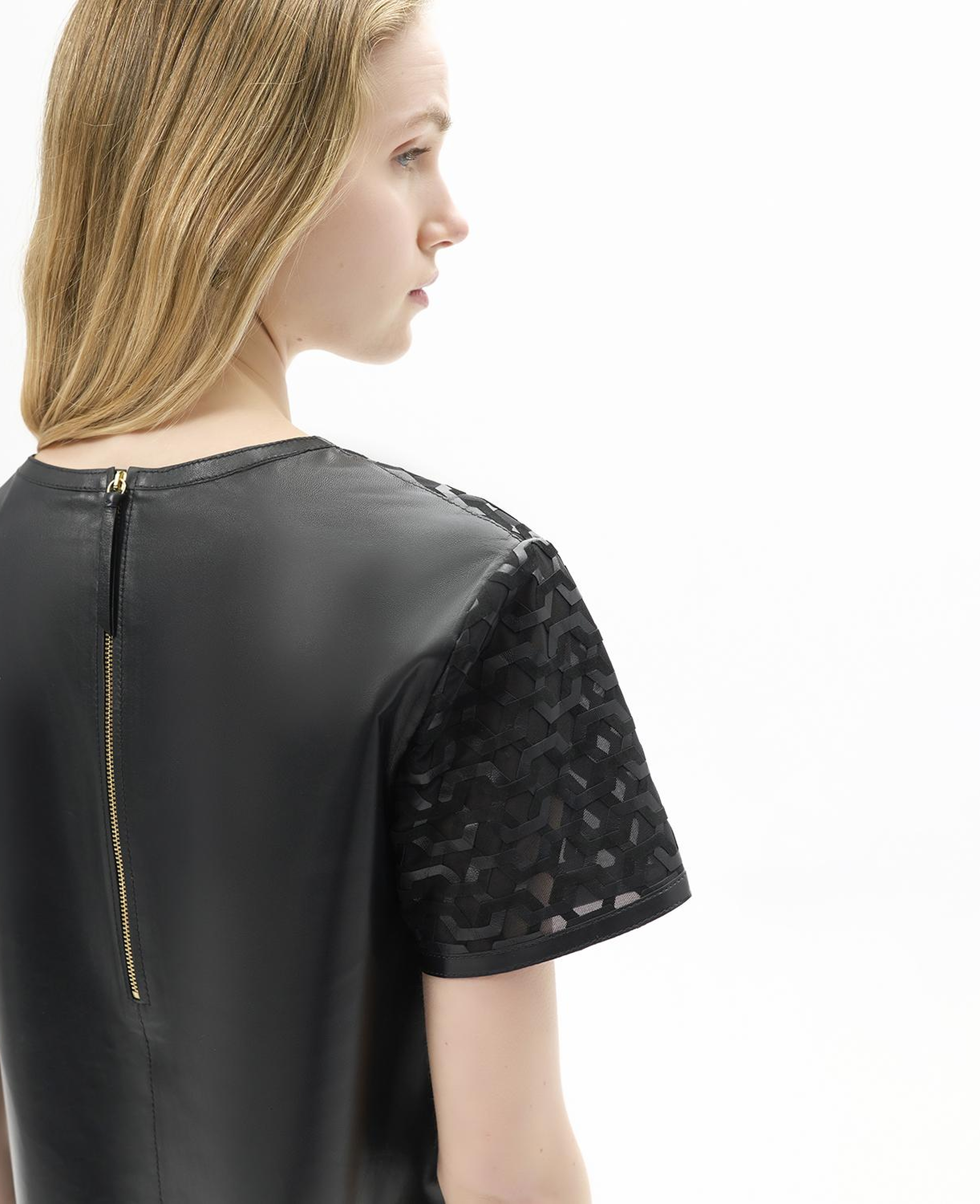 Kadın Siyah Deri Detaylı Bluz