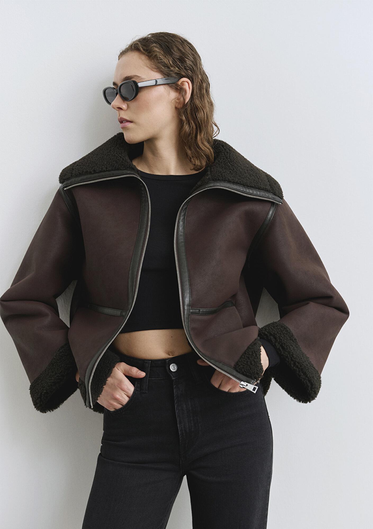 Mavi Suni Kürk Detaylı Kahverengi Suni Deri Ceket Oversize / Geniş Kesim 1110718-70219