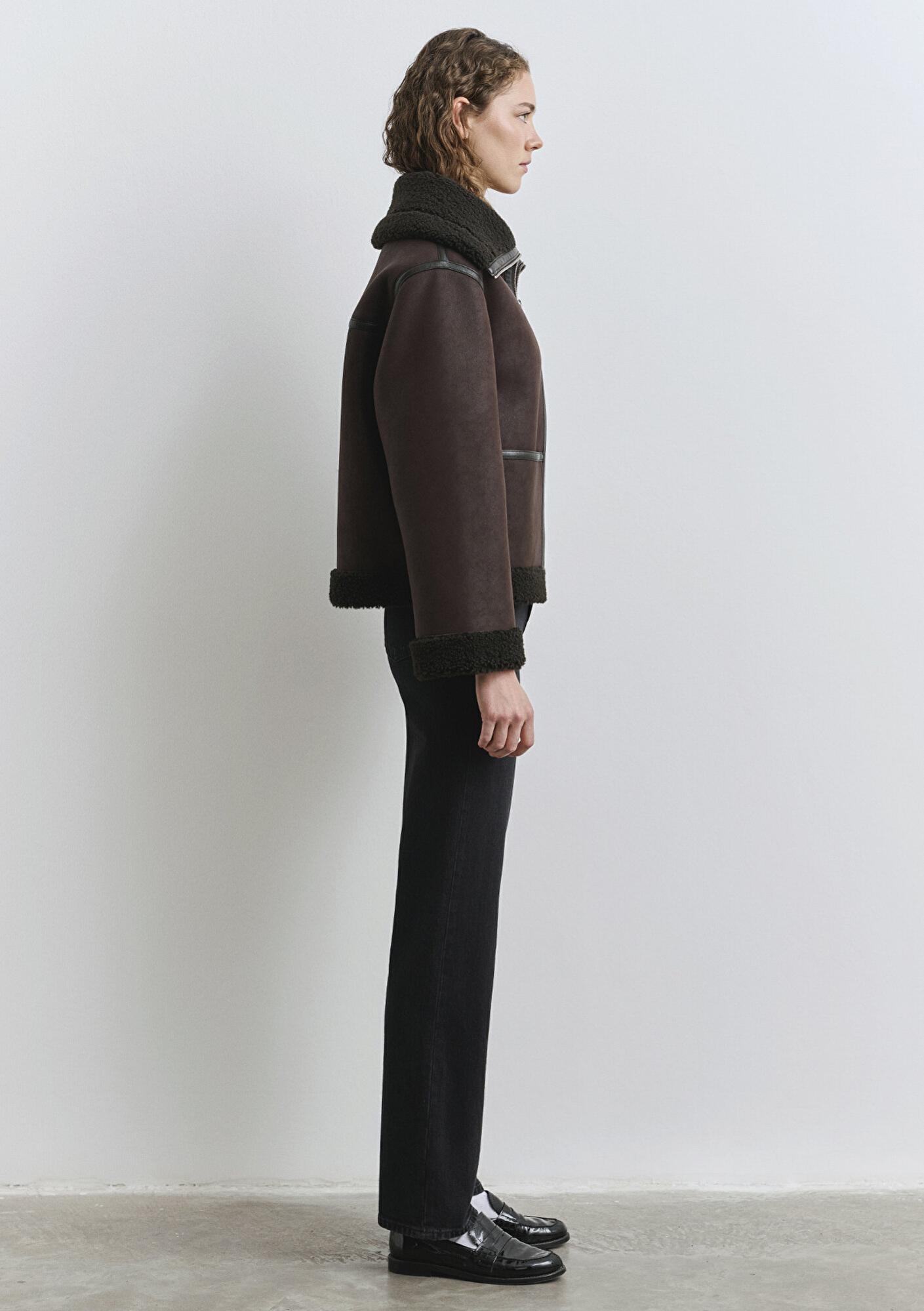 Mavi Suni Kürk Detaylı Kahverengi Suni Deri Ceket Oversize / Geniş Kesim 1110718-70219