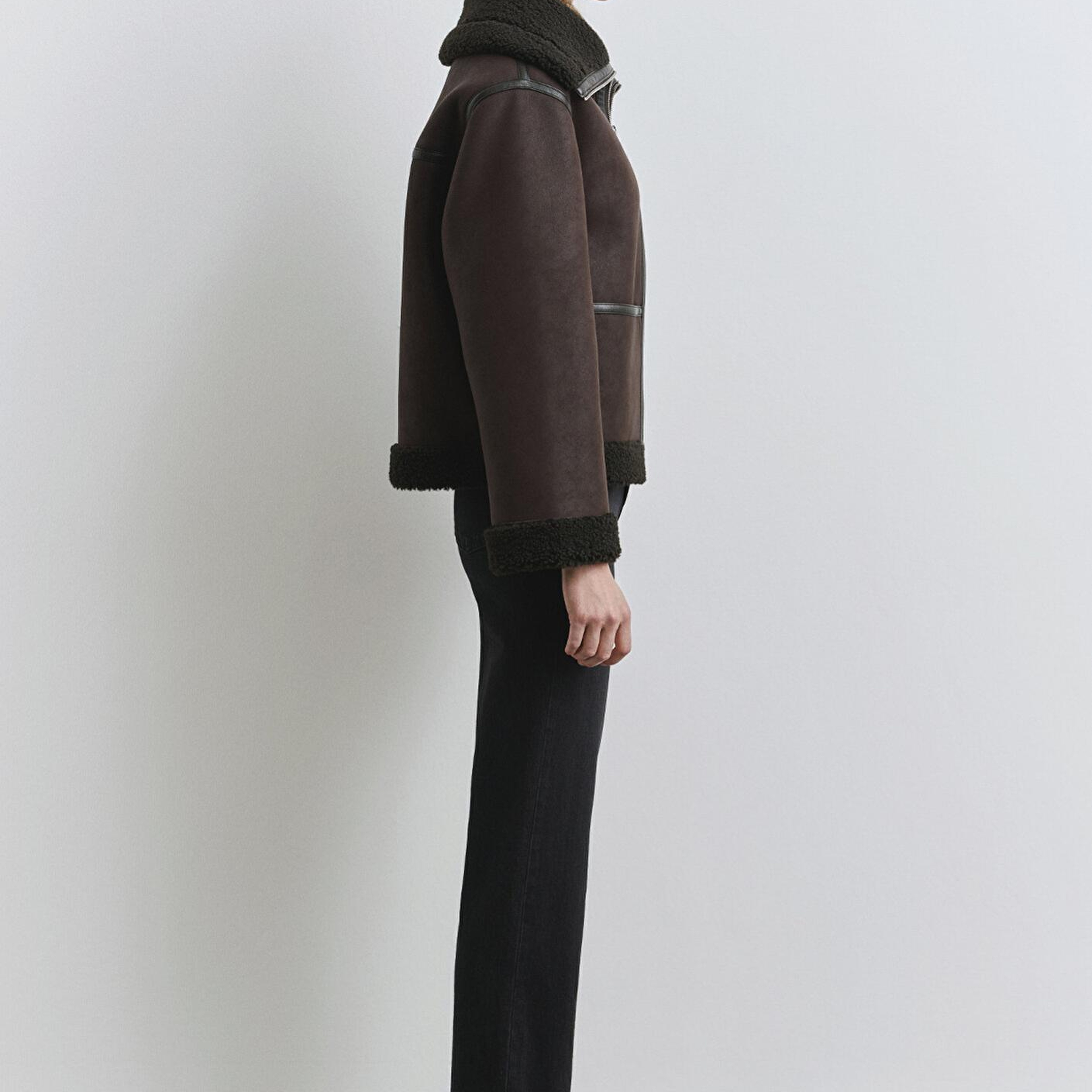 Mavi Suni Kürk Detaylı Kahverengi Suni Deri Ceket Oversize / Geniş Kesim 1110718-70219