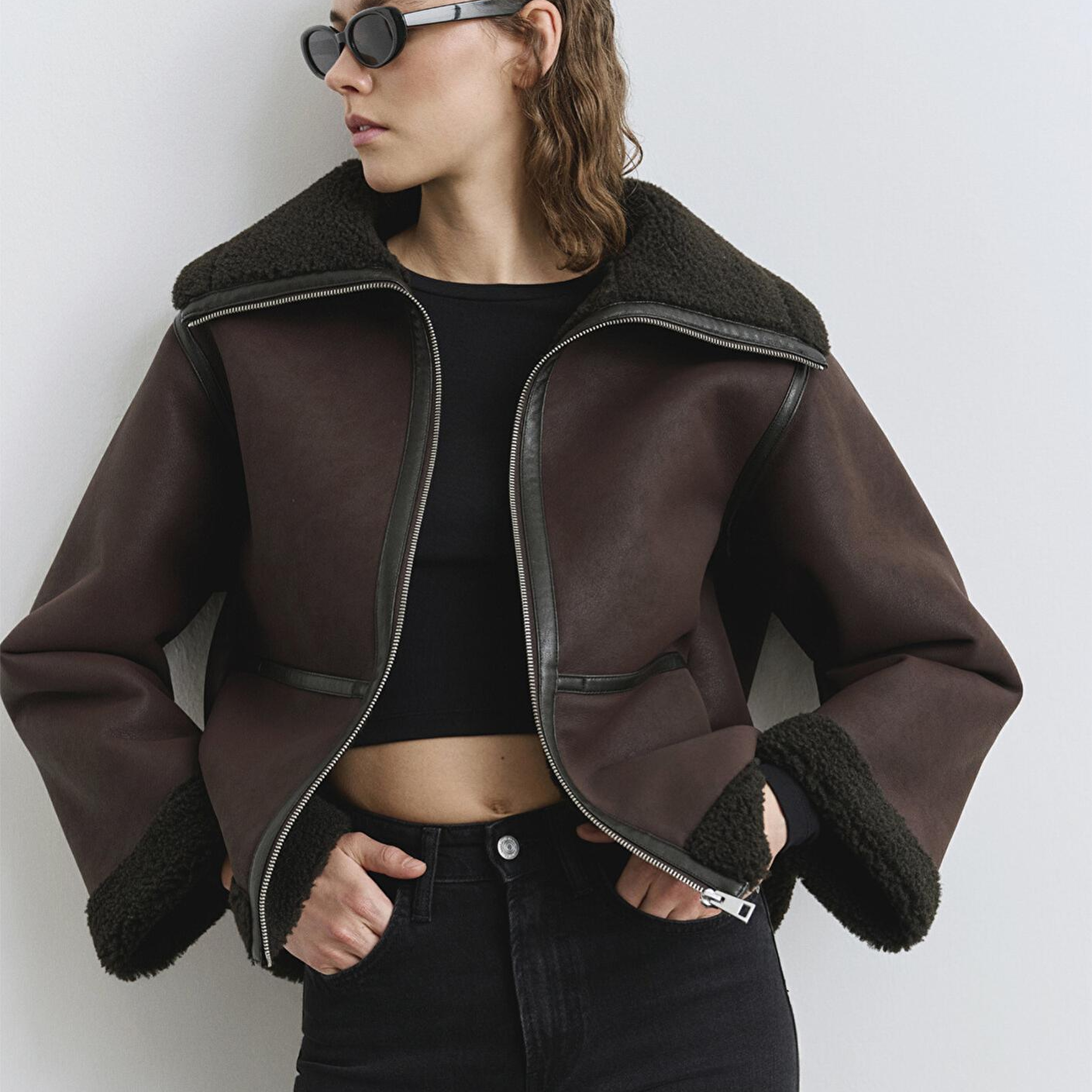 Mavi Suni Kürk Detaylı Kahverengi Suni Deri Ceket Oversize / Geniş Kesim 1110718-70219