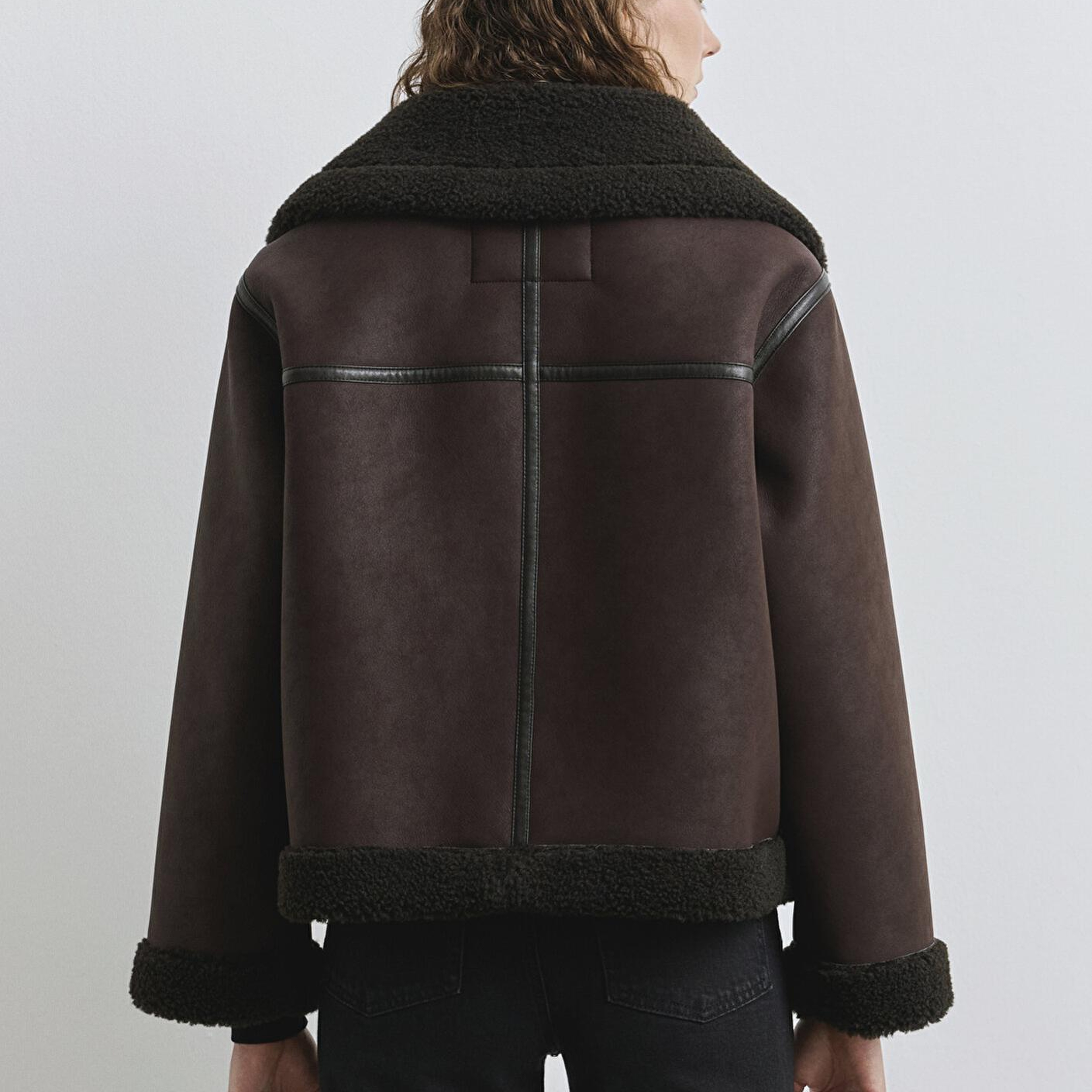 Mavi Suni Kürk Detaylı Kahverengi Suni Deri Ceket Oversize / Geniş Kesim 1110718-70219