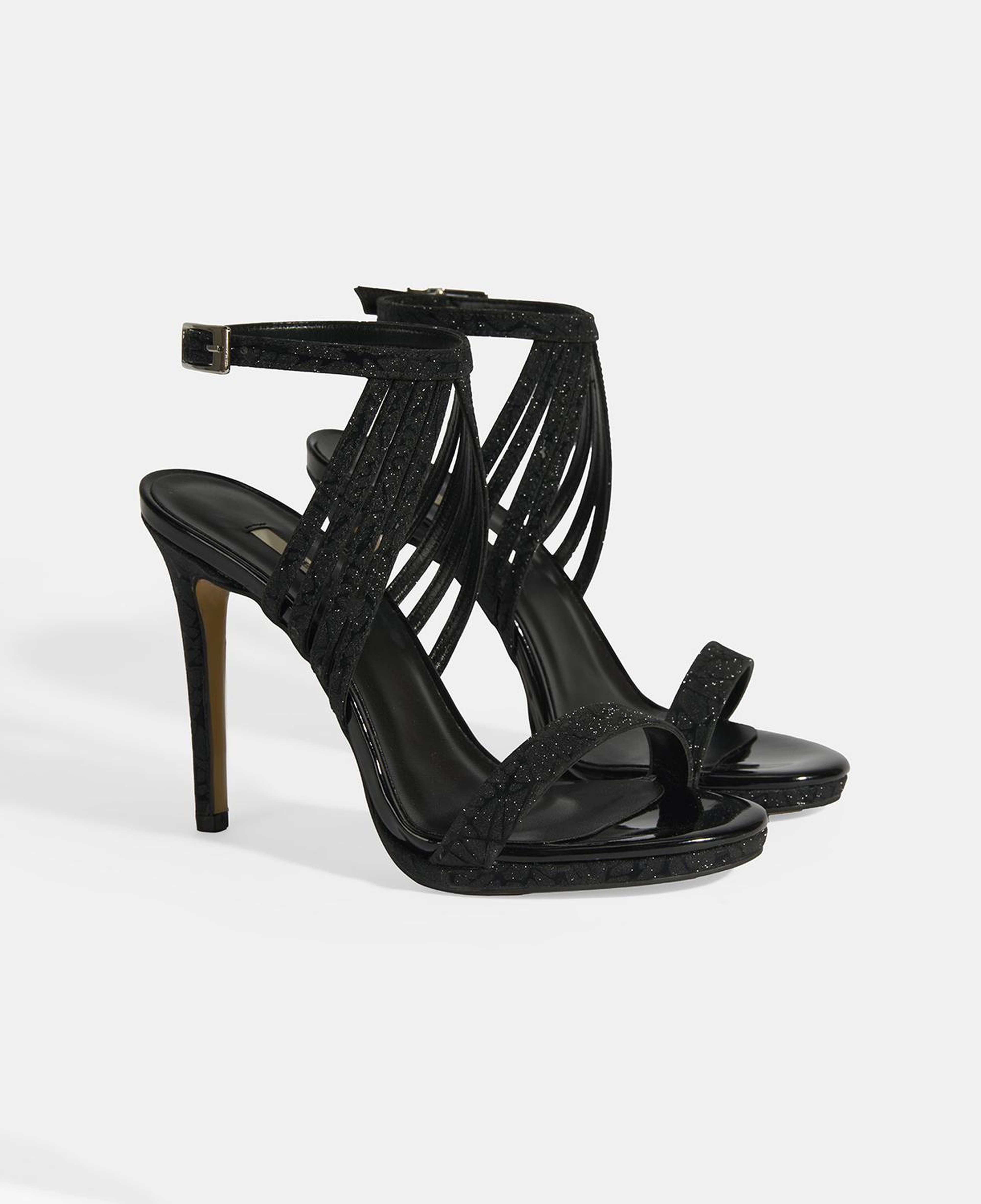 Kadın Siyah Simli Bantlı Topuklu Abiye Sandalet