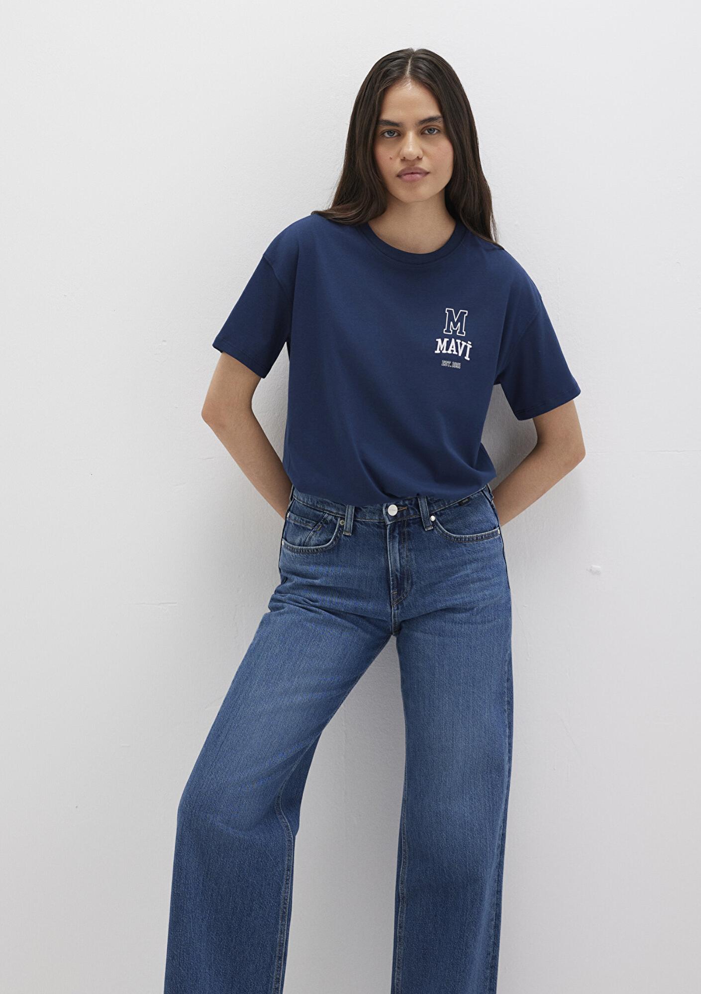 Mavi Mavi Logo Nakışlı Lacivert Tişört Loose Fit / Bol Rahat Kesim 1613467-70488