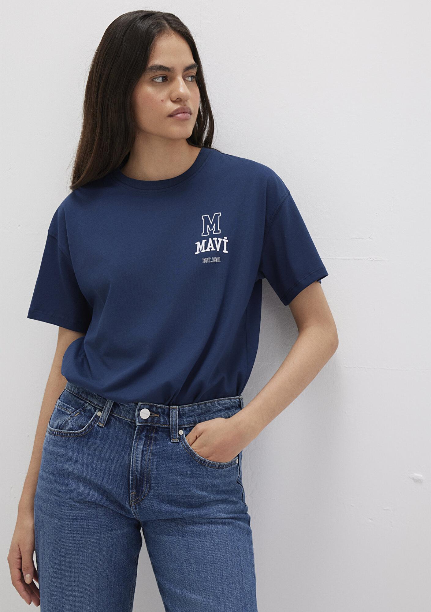 Mavi Mavi Logo Nakışlı Lacivert Tişört Loose Fit / Bol Rahat Kesim 1613467-70488