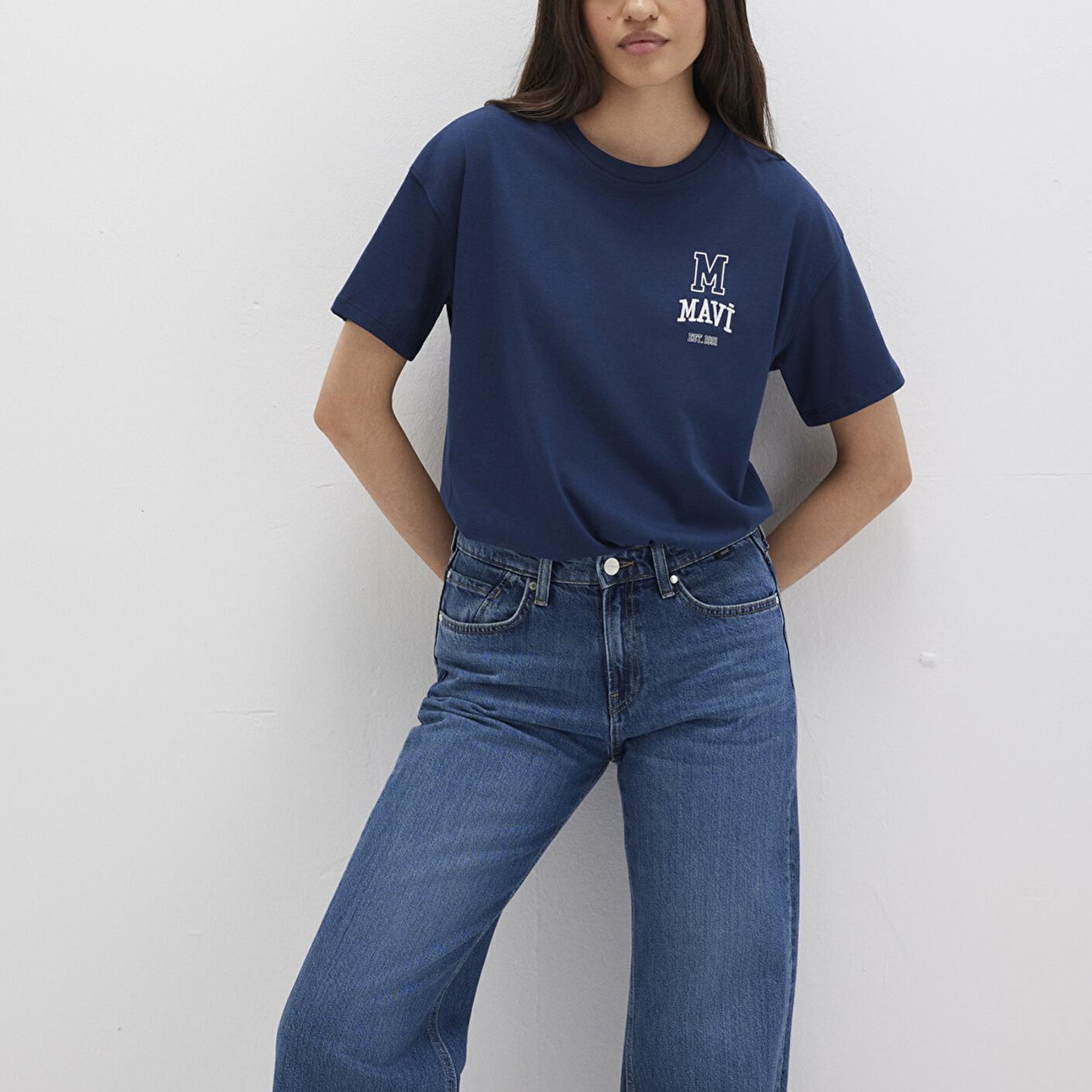 Mavi Mavi Logo Nakışlı Lacivert Tişört Loose Fit / Bol Rahat Kesim 1613467-70488