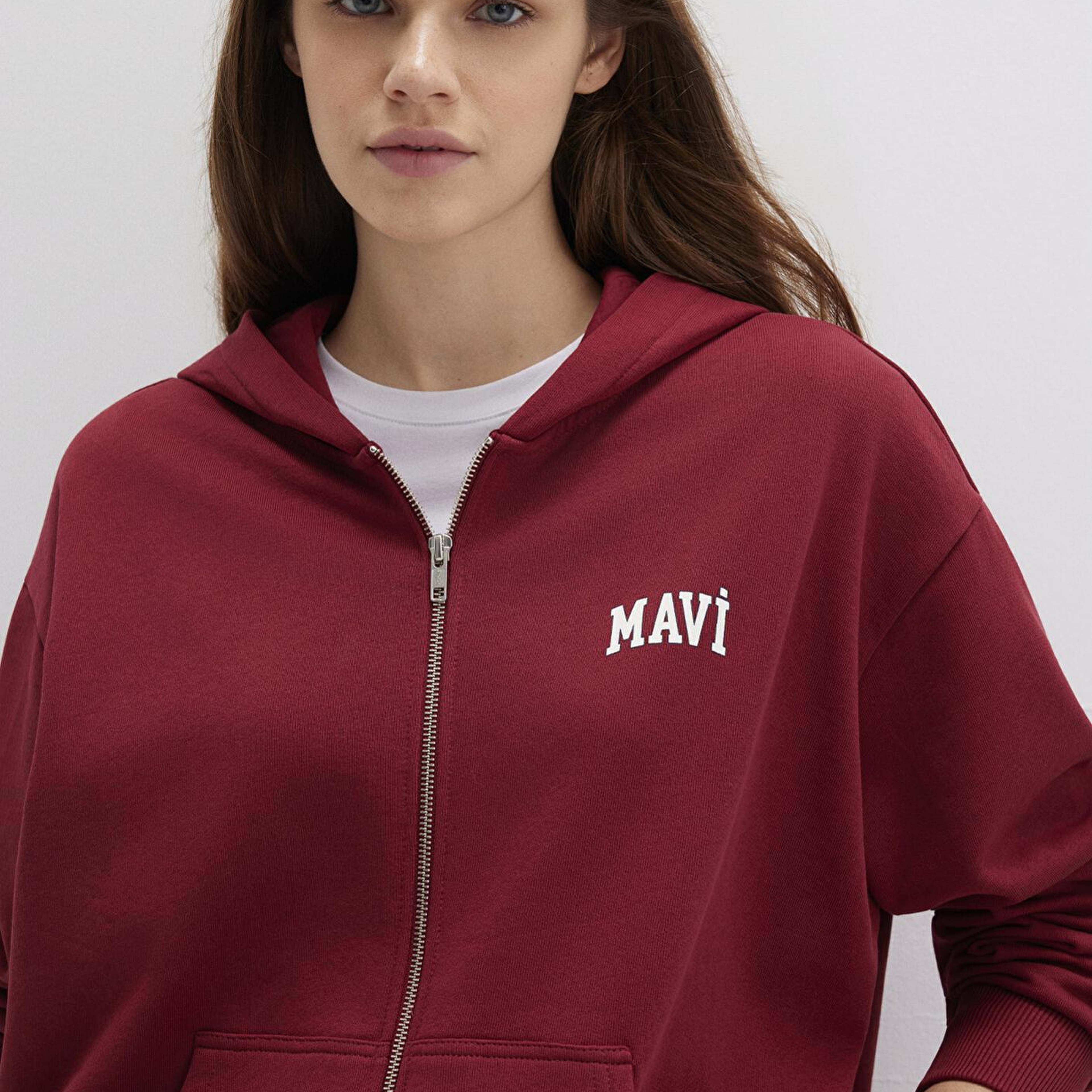 Mavi Mavi Logo Baskılı Kapüşonlu Fermuarlı Bordo Sweatshirt 1S10178-85493