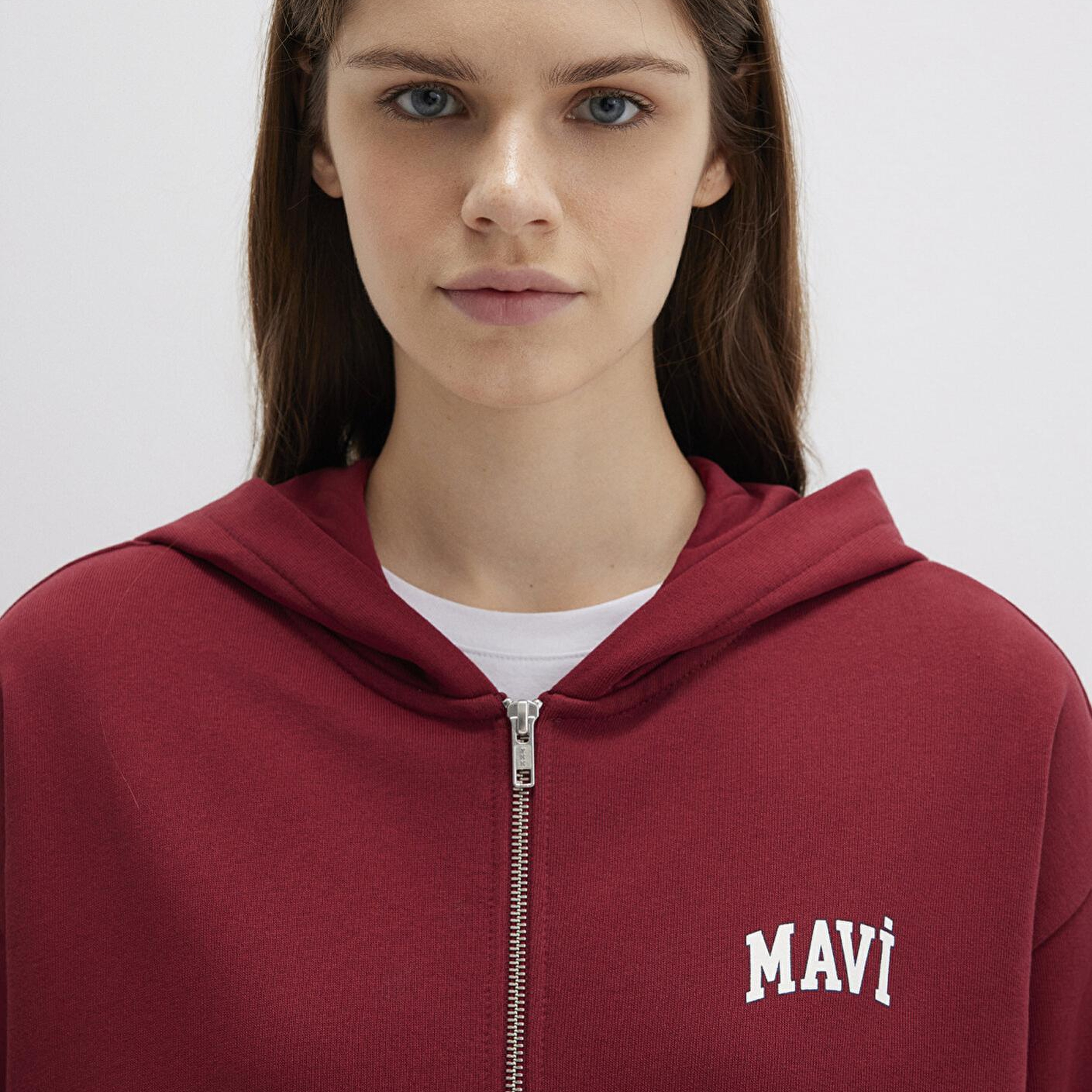 Mavi Mavi Logo Baskılı Kapüşonlu Fermuarlı Bordo Sweatshirt 1S10178-85493