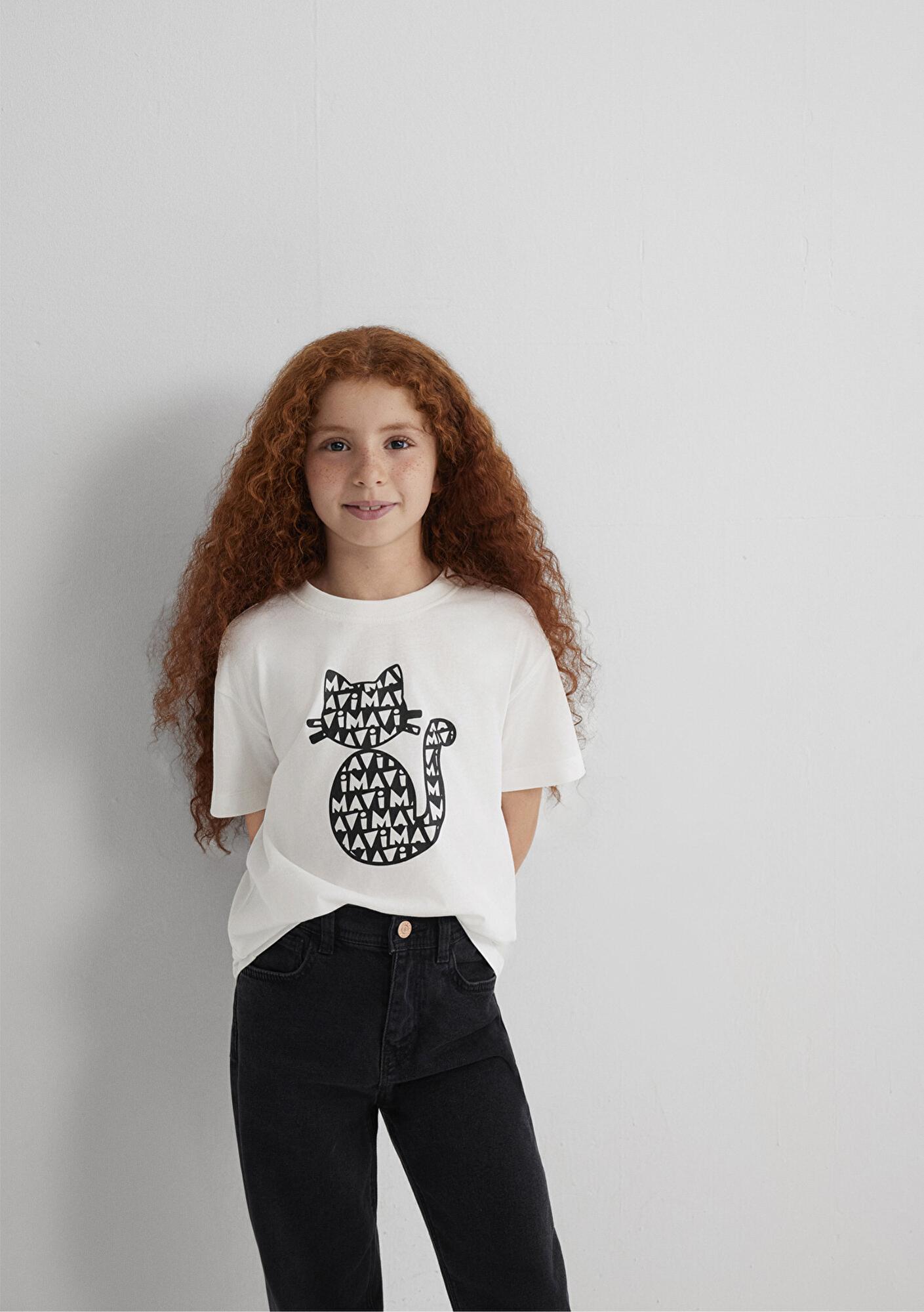 Mavi Kedi Baskılı Ekru Tişört Loose Fit / Bol Rahat Kesim 7610360-70057