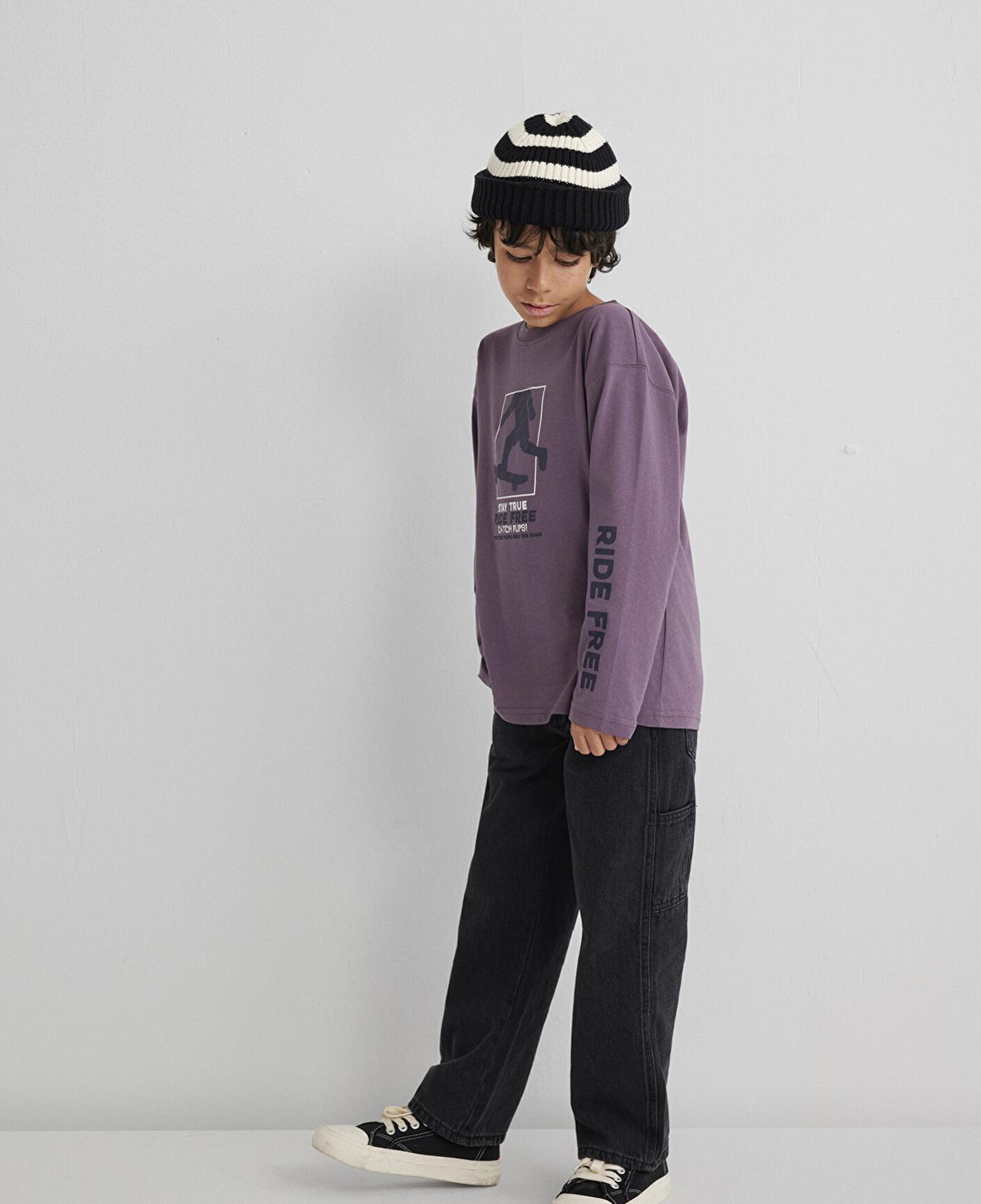 Mavi Baskılı Mor Tişört Loose Fit / Bol Rahat Kesim 6610366-70656