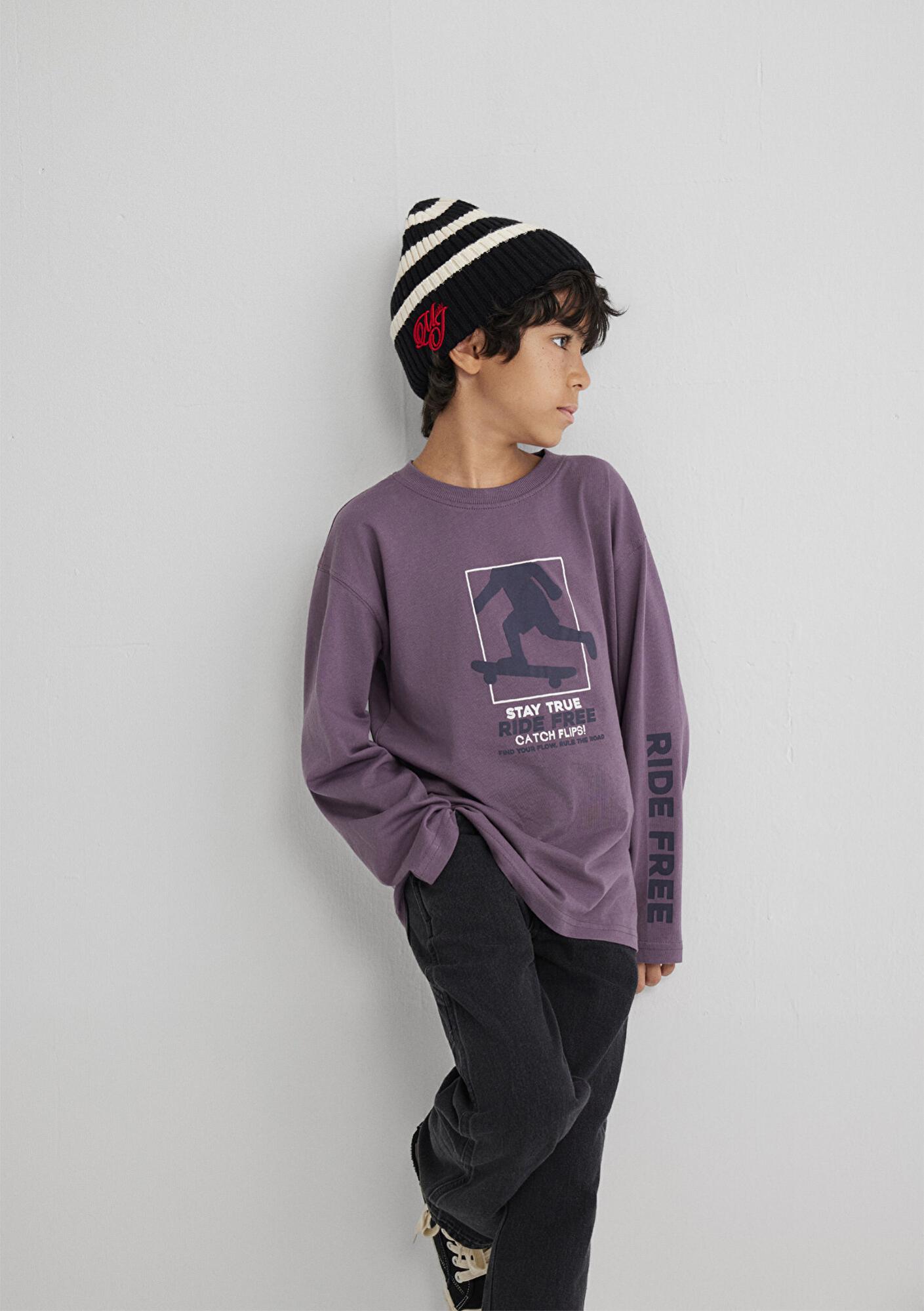 Mavi Baskılı Mor Tişört Loose Fit / Bol Rahat Kesim 6610366-70656