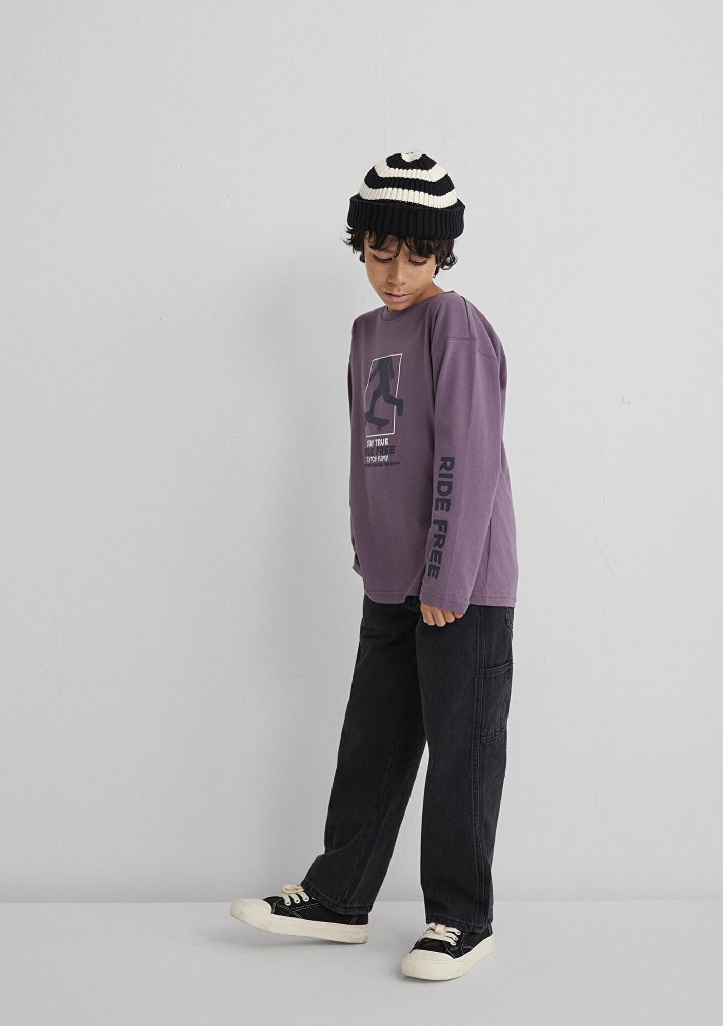 Mavi Baskılı Mor Tişört Loose Fit / Bol Rahat Kesim 6610366-70656