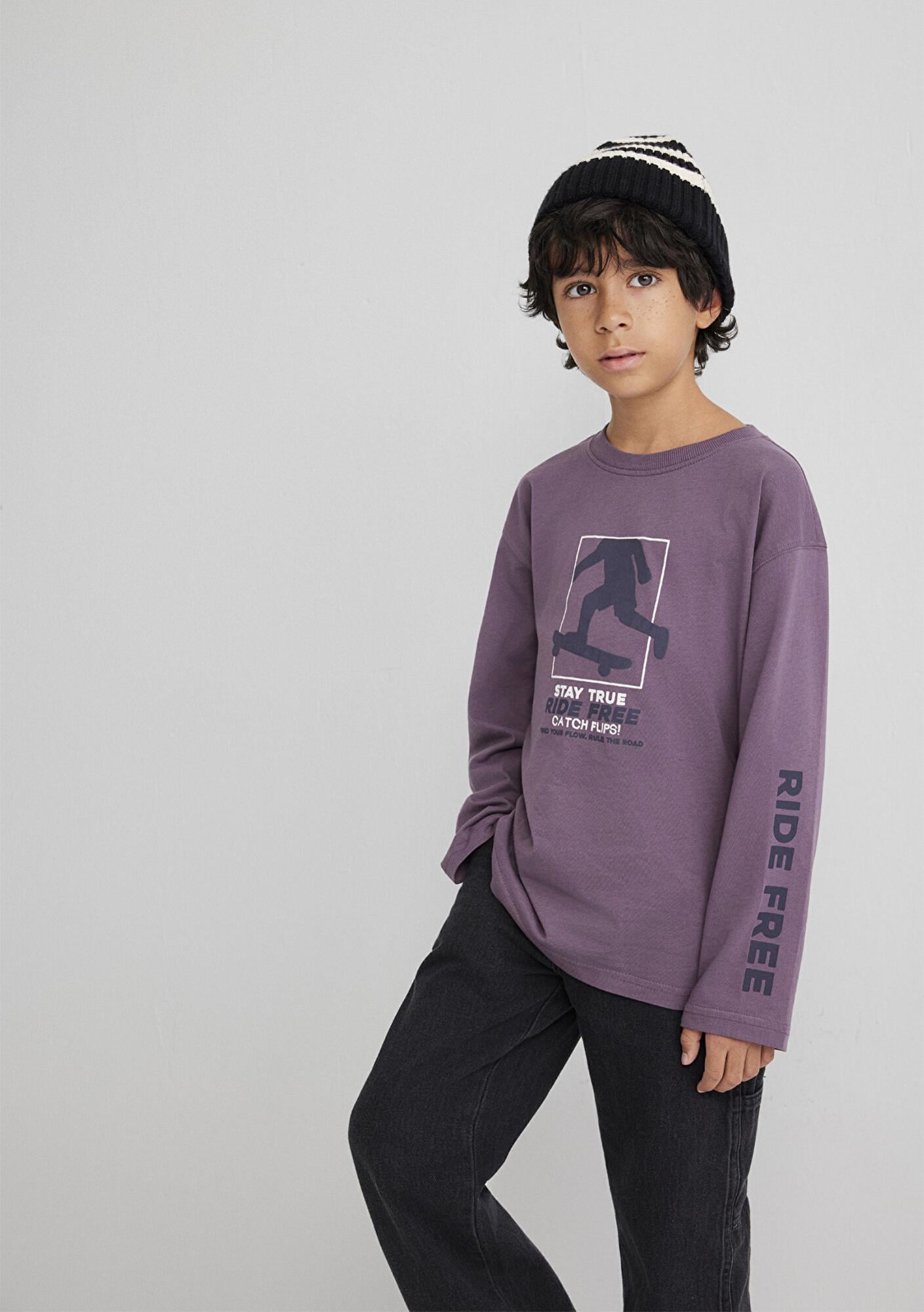 Mavi Baskılı Mor Tişört Loose Fit / Bol Rahat Kesim 6610366-70656